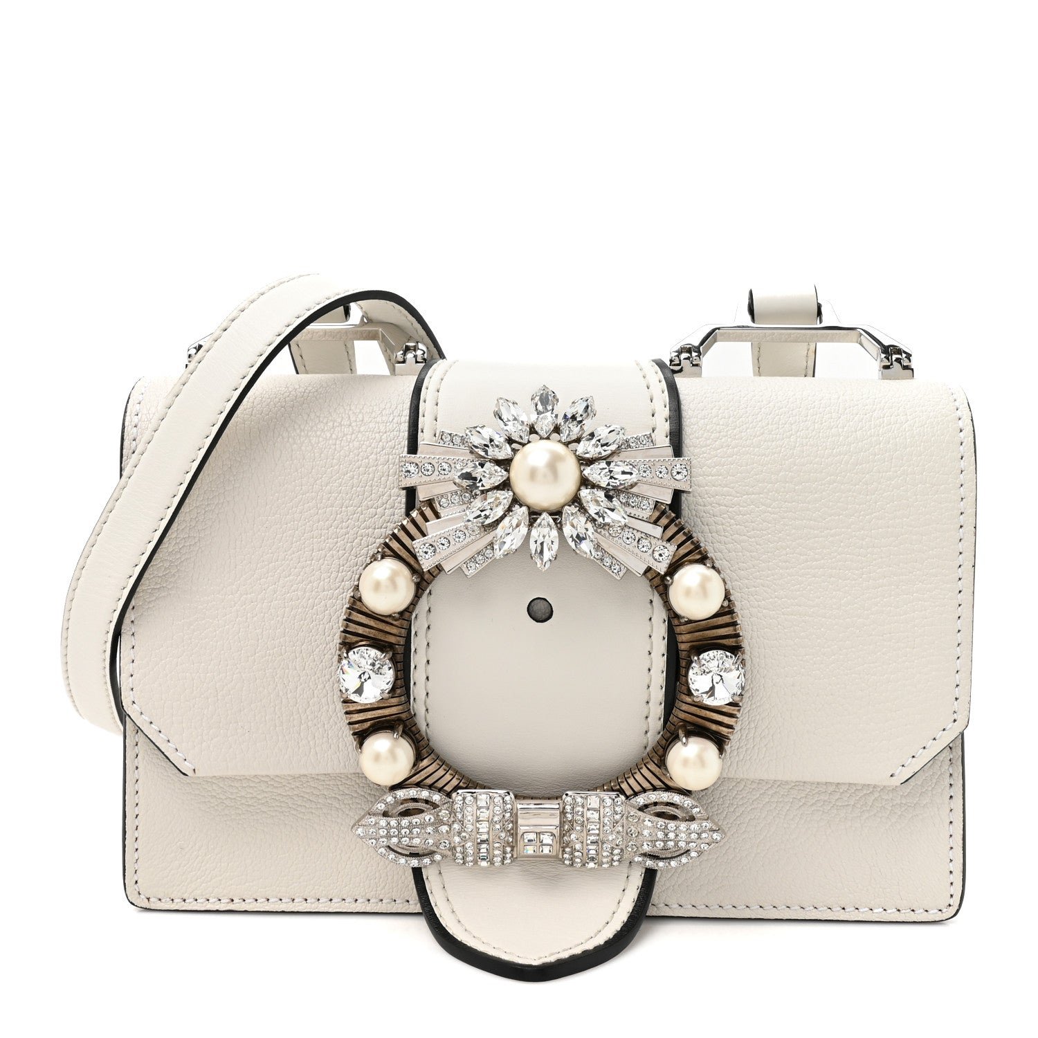 Miu Miu Goatskin Madras Soft Calf Crystal Embellished Shoulder Bag Bianco