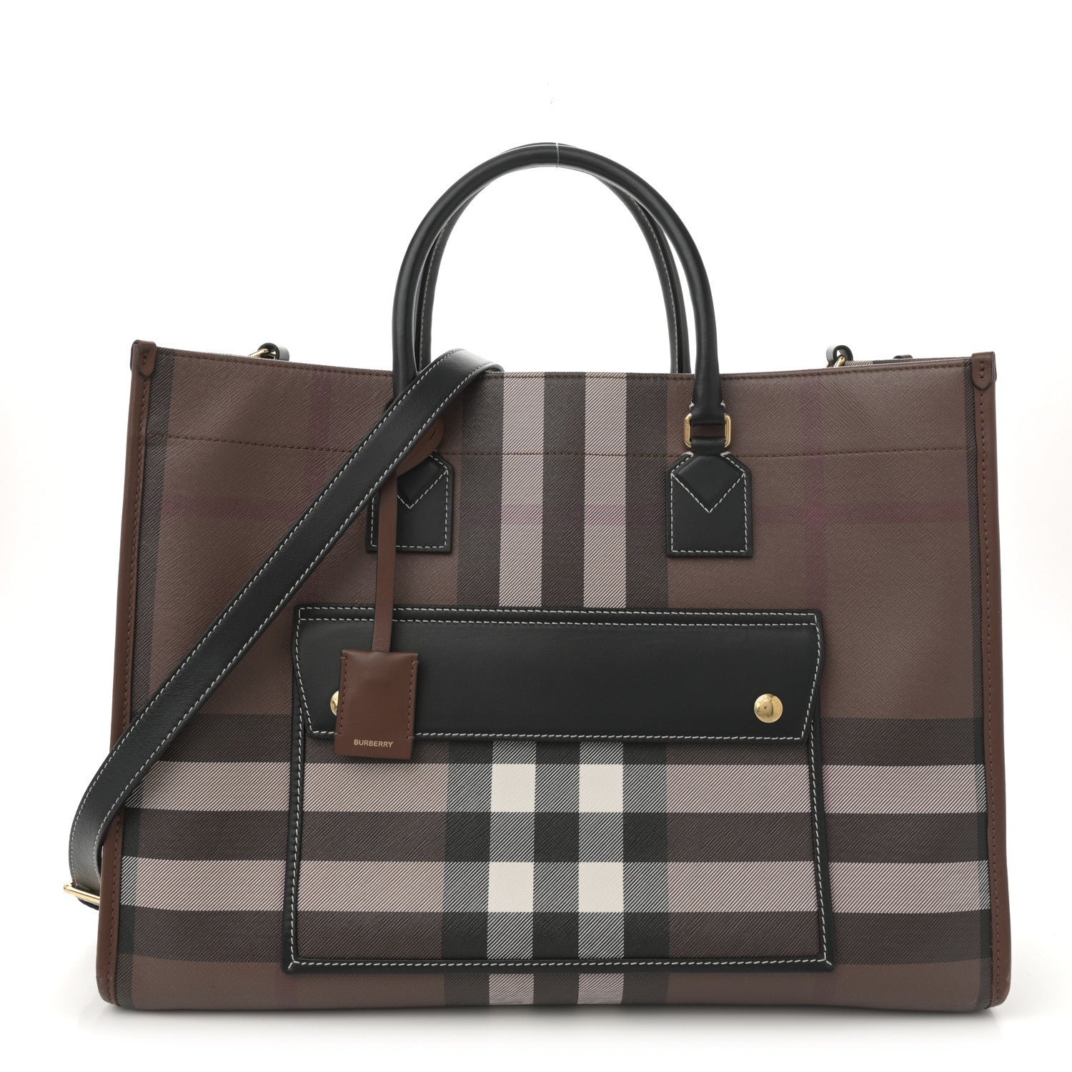 Burberry E-Canvas Check Calfskin Medium Freya Tote Dark Birch Brown