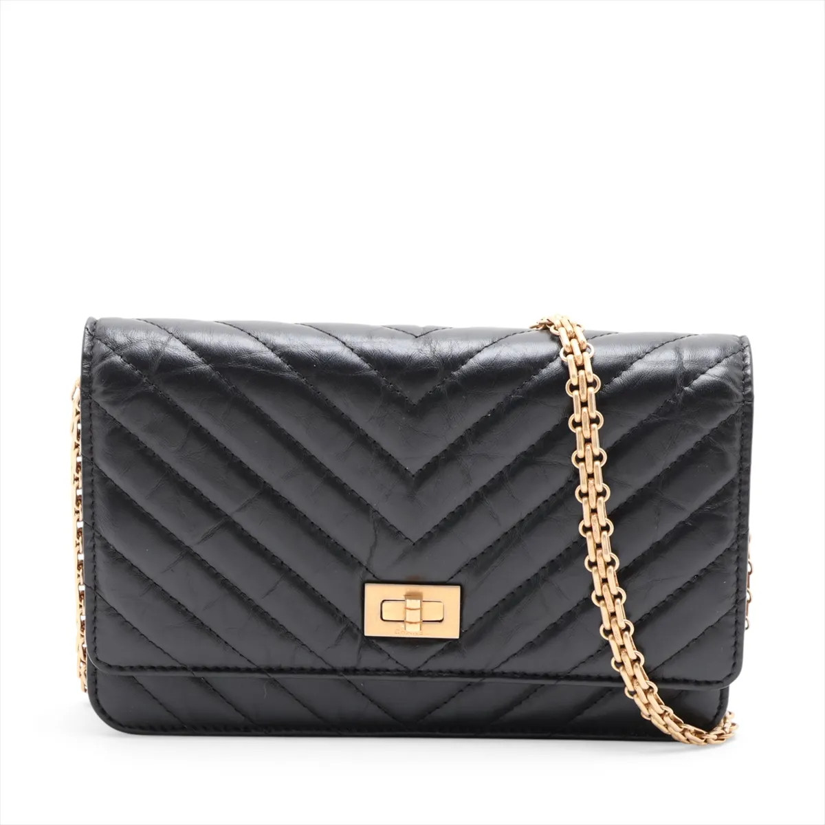 Chanel 2.55 Vintage calf Chain Wallet V Stitch Chevron Black Gold Metal Fittings