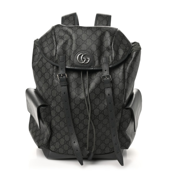 Gucci GG Supreme Monogram Textured Dollar Calfskin Medium Ophidia Double Buckle Backpack Grey Black Graphite Grey