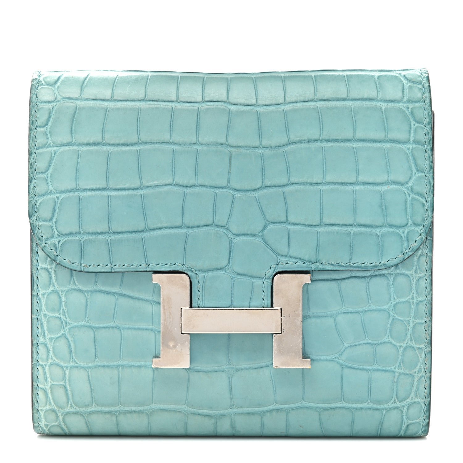 Hermes Matte Alligator Constance Short Wallet Bleu Paon