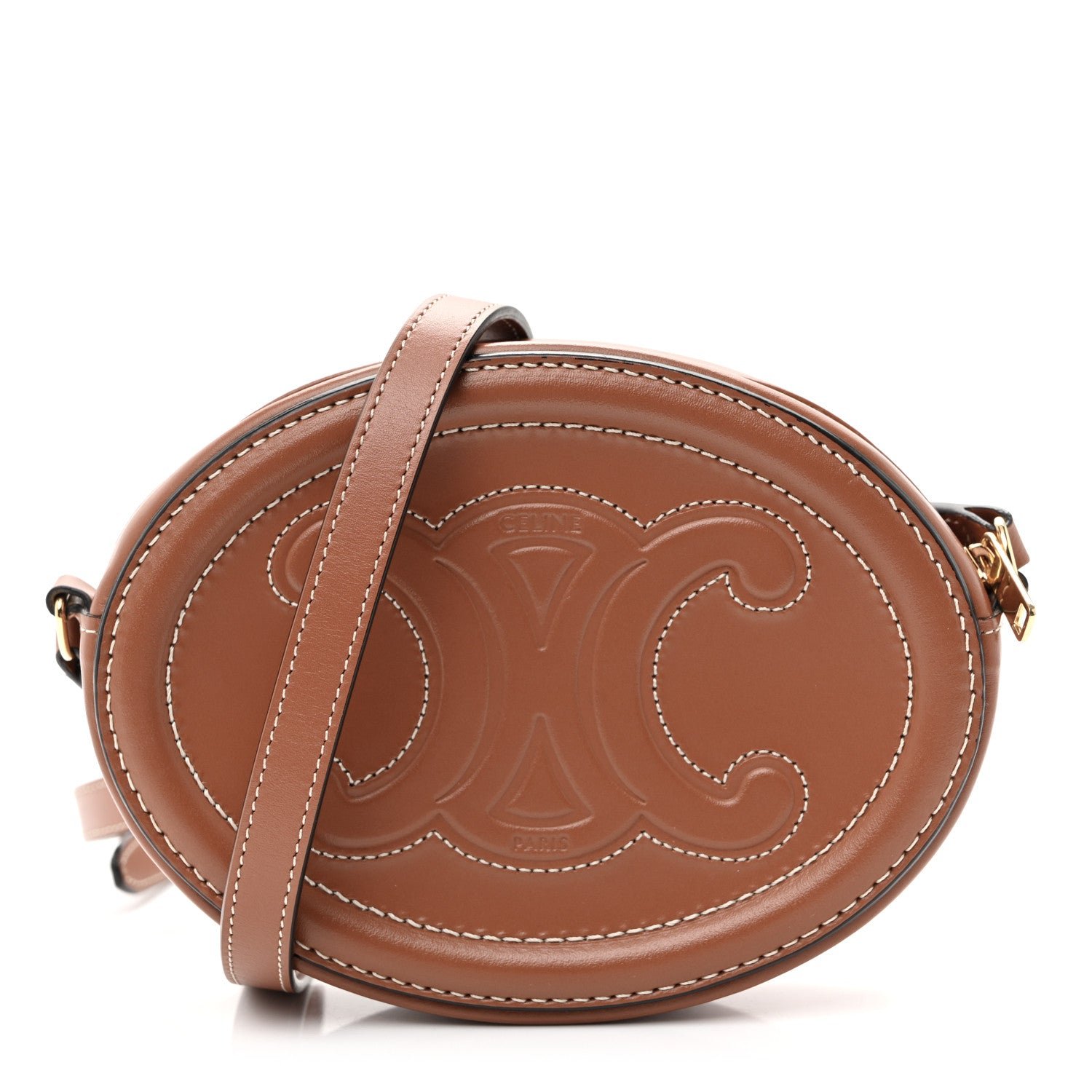 Celine Smooth Calfskin Cuir Small Triomphe Oval Crossbody Purse Tan
