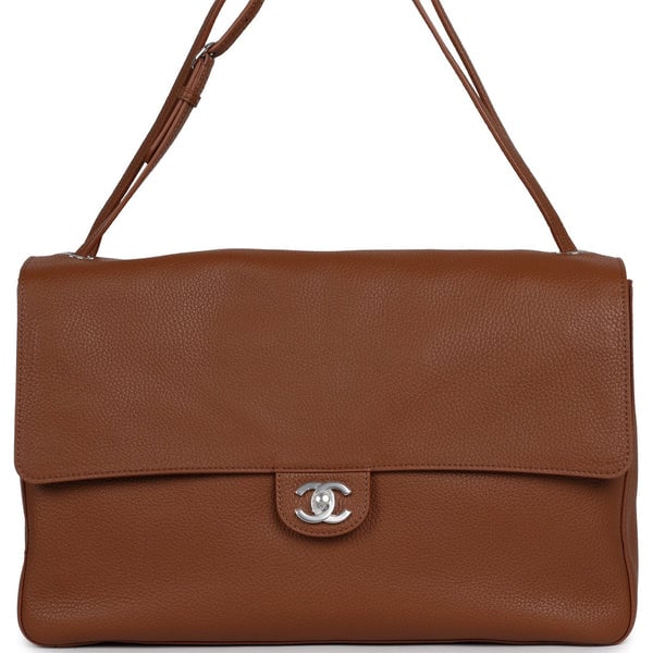 Chanel Maxi "Souplissimo" Large Flap Bag Camel Grained Calfskin Silver Hardware