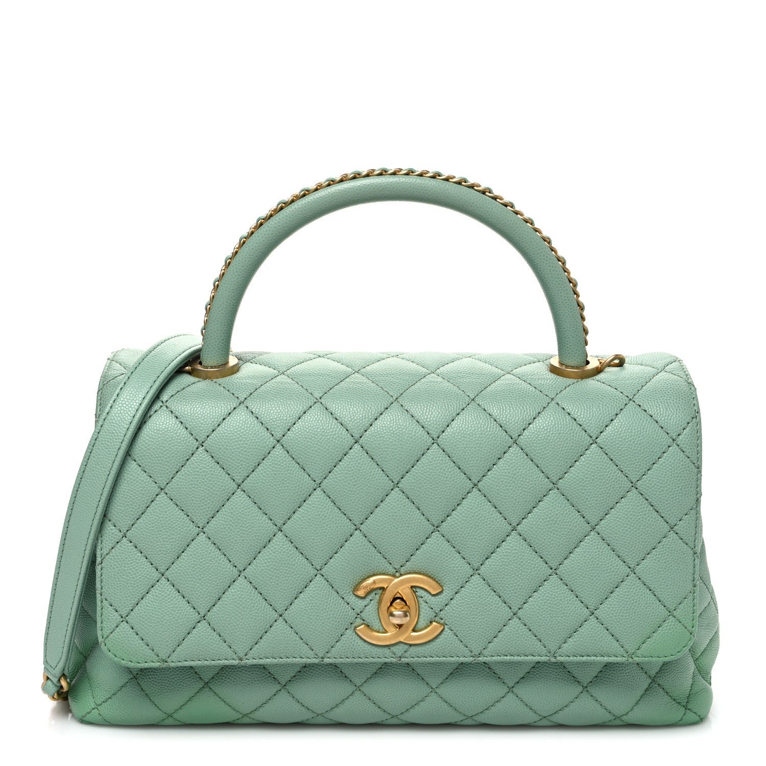 Chanel Caviar Quilted Small Coco Chain Handle Flap Light Green