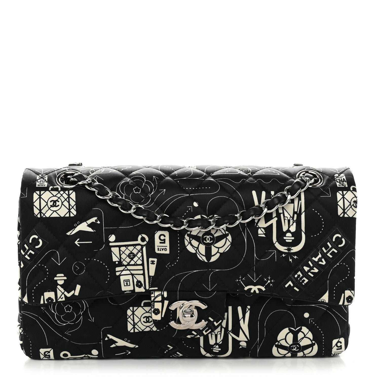 Chanel Satin Airline Printed Medium Double Flap Black White