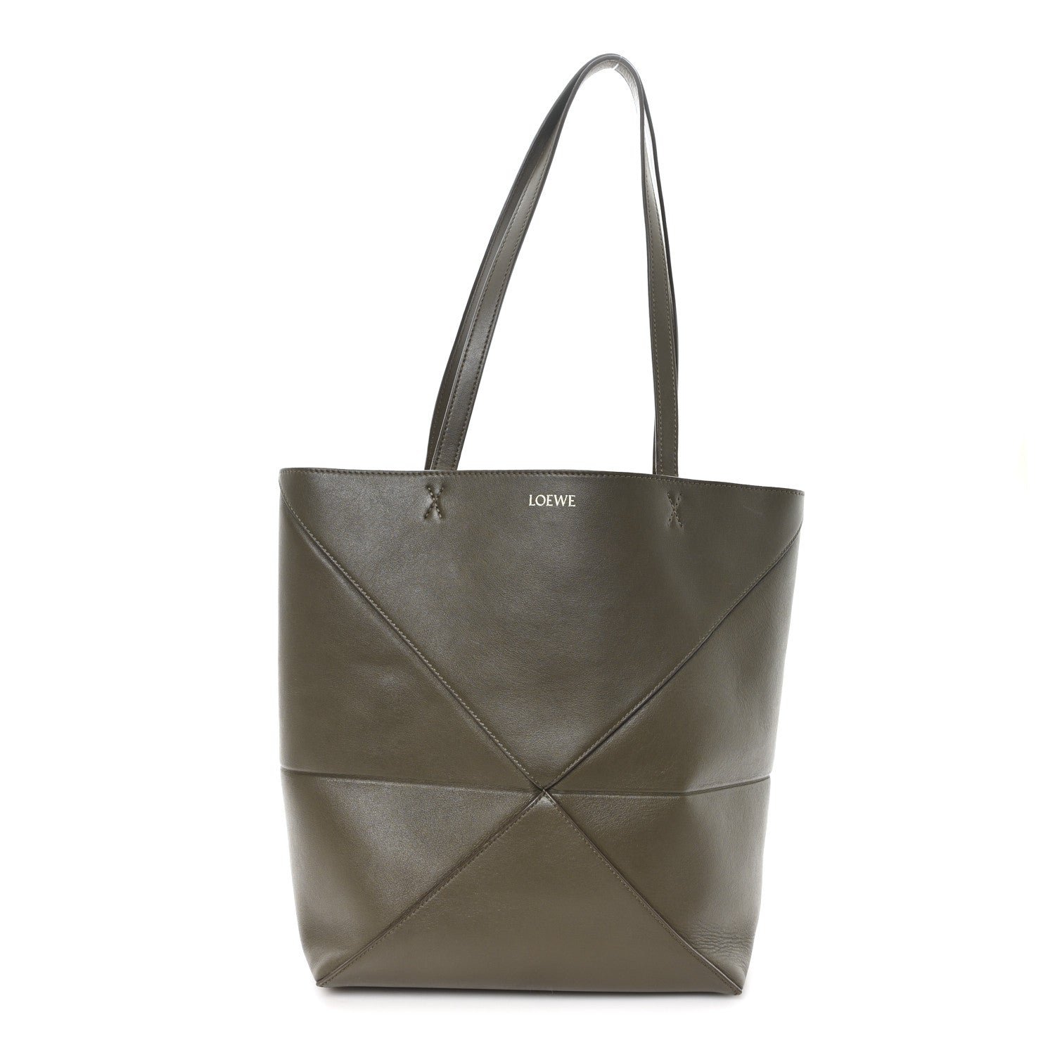 Loewe Shiny Calfskin Medium Puzzle Fold Tote Dark Khaki Green