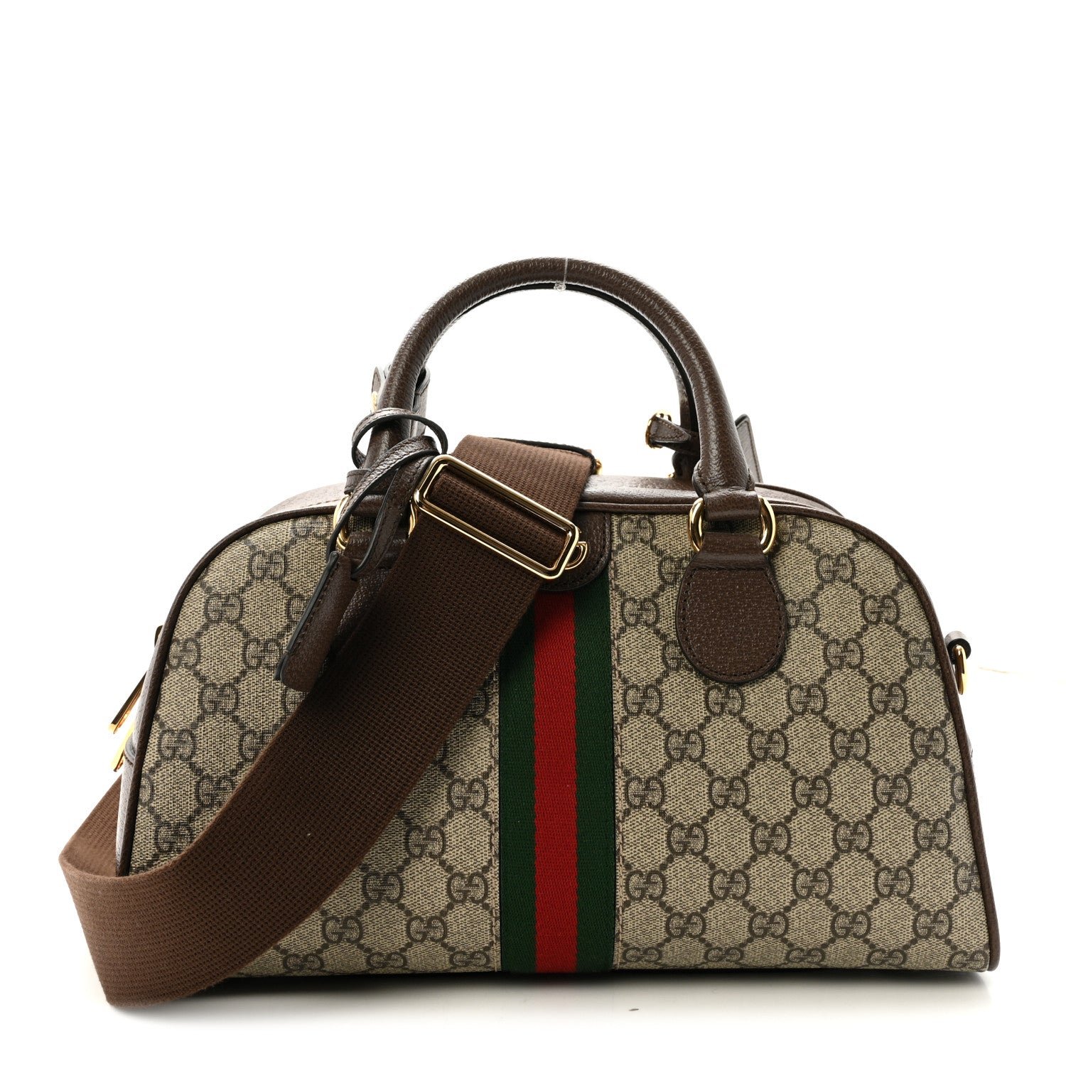 Gucci GG Supreme Monogram Textured Dollar Calfskin Web Medium Ophidia Top Handle Bowler Bag Beige Ebony New Acero