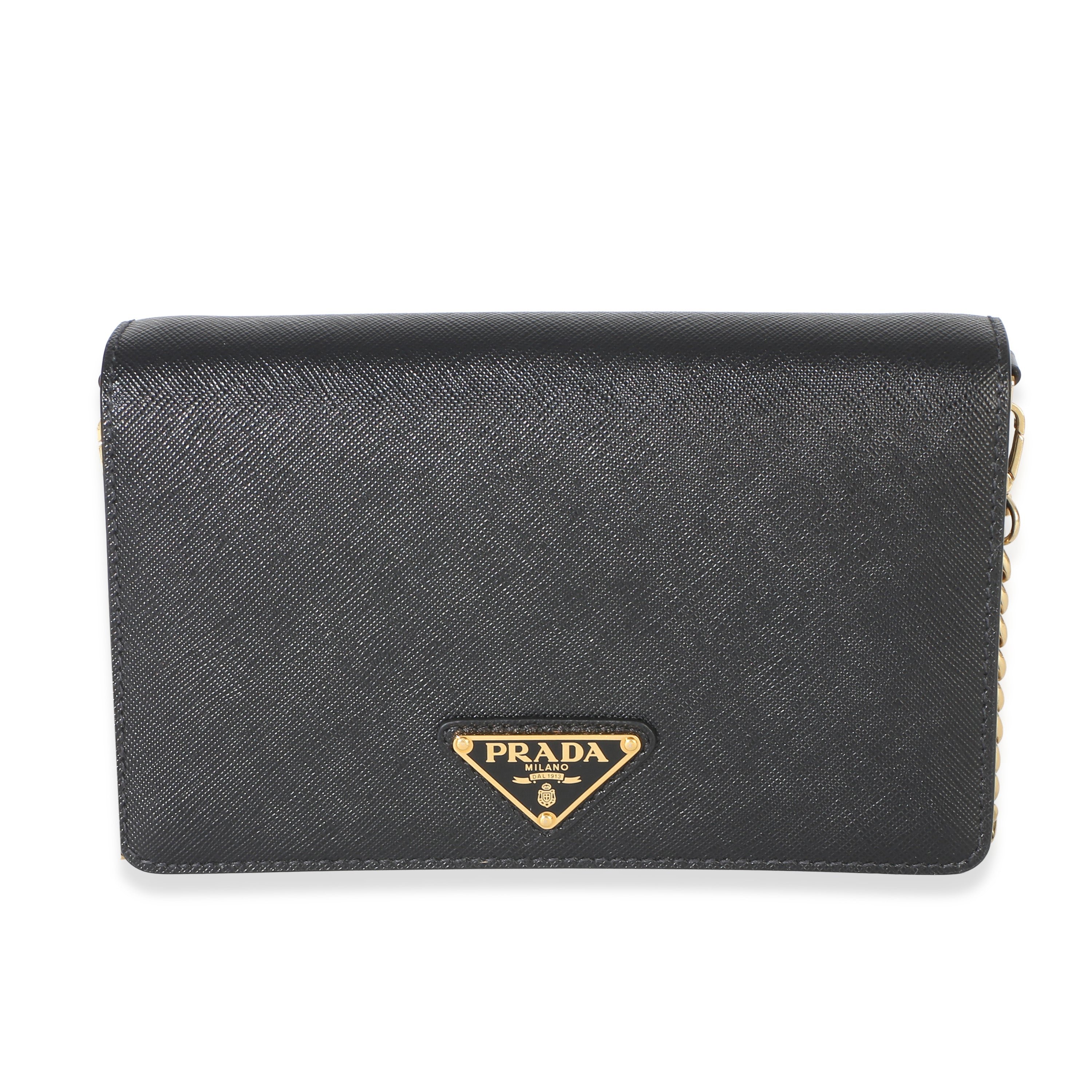 Black Saffiano Triangle Logo Chain Flap Bag