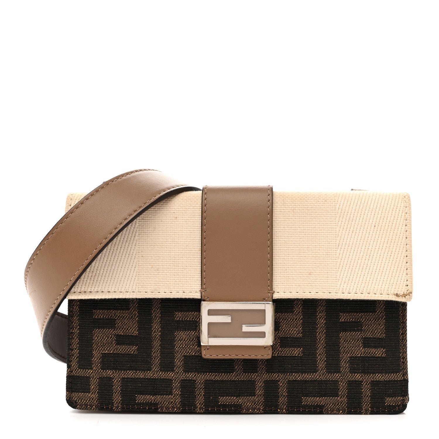 Fendi Fabric Jacquard Canvas Vitello Grace Pequin FF 1974 Baguette Belt Pouch Tobacco Moro Grezzo Sand