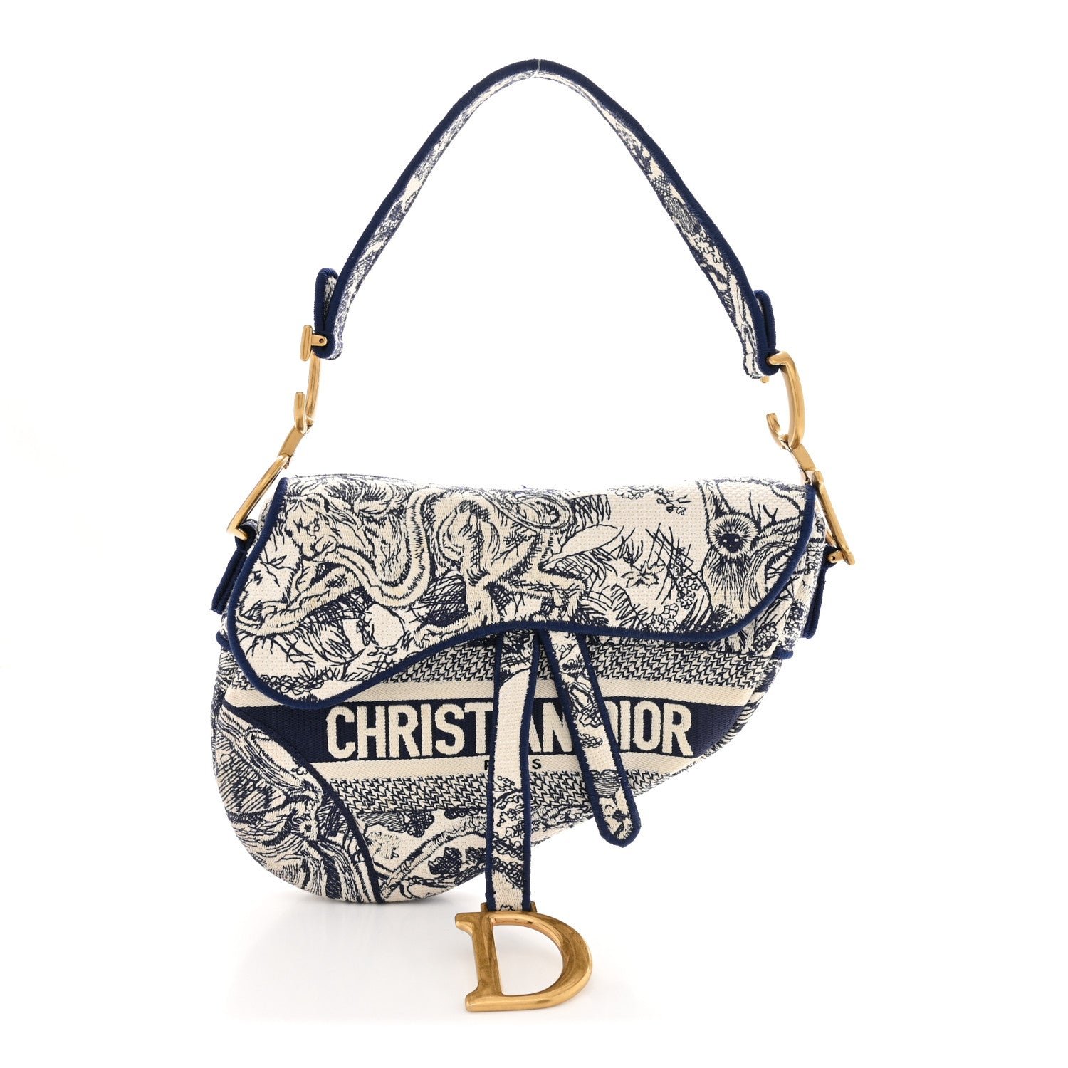 Christian Dior Canvas Embroidered Toile de Jouy Saddle Bag Blue