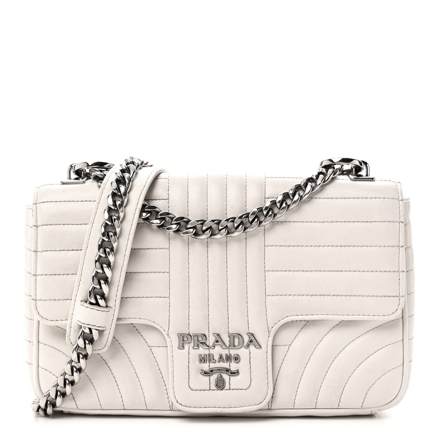 Prada Soft Calfskin Impunture Diagramme Medium Chain Flap Shoulder Bag White
