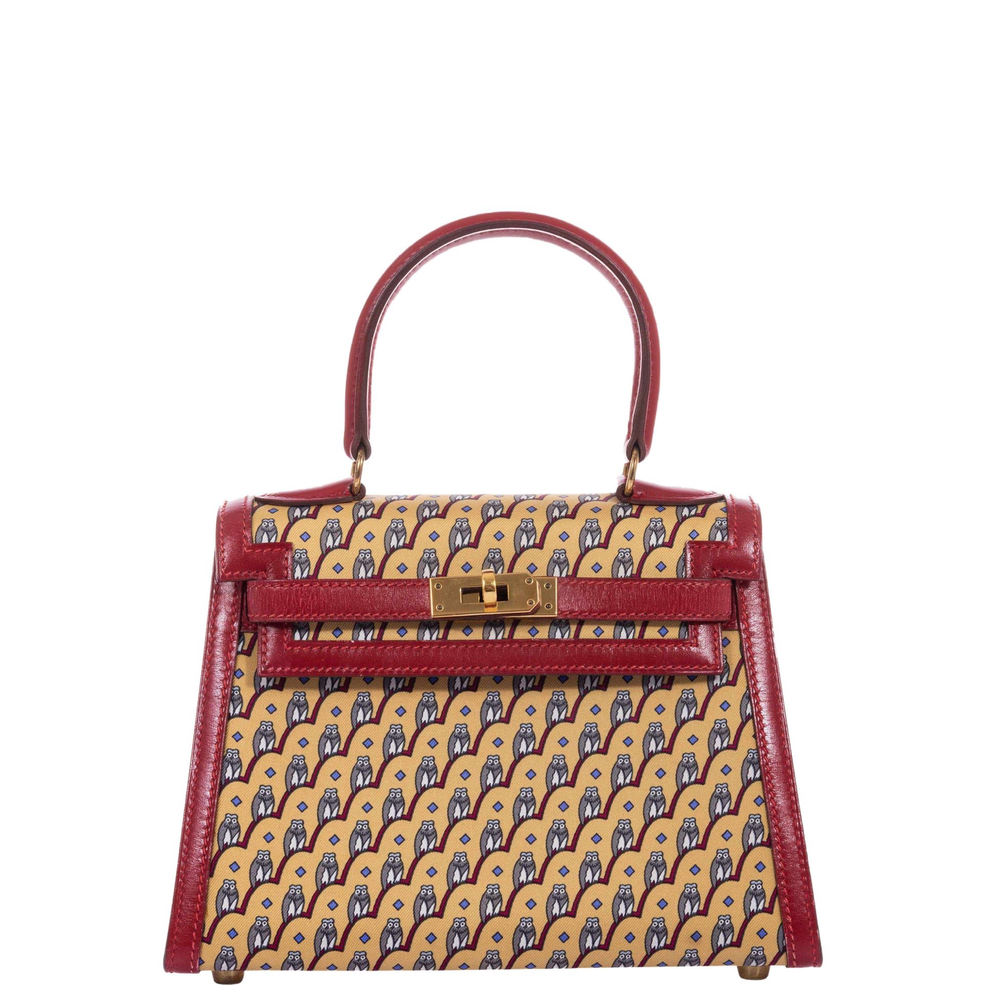 Hermes Hermès Kelly 20 Sellier Owl Print Silk Jaune & Rouge Vif Box Calf Gold Hardware