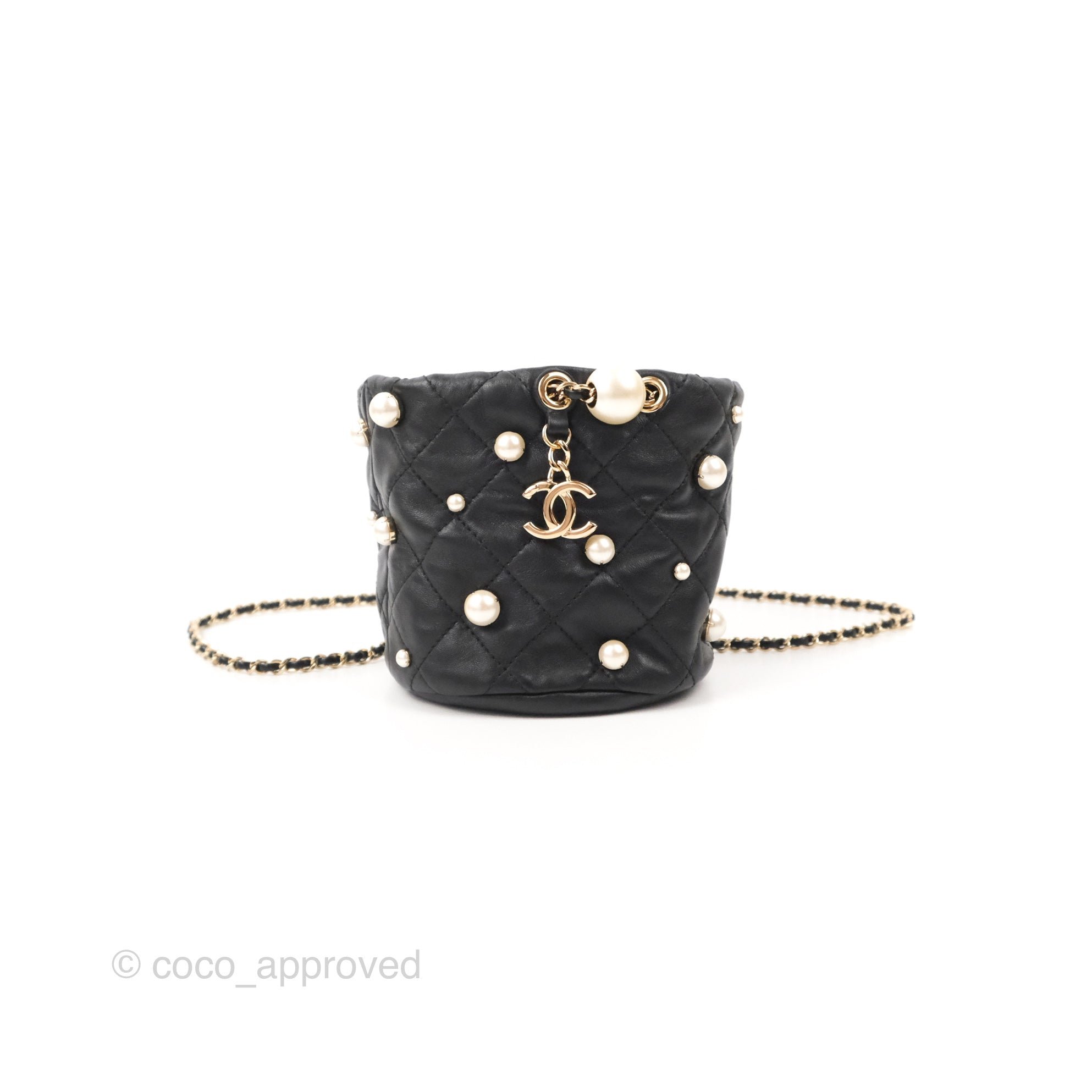 Chanel Drawstring Round Bucket Bag Pearl Embellished Quilted Lambskin