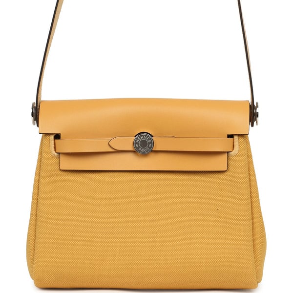 Hermes Herbag Zip 20 Mini Paille Toile Militaire Canvas, Vache Hunter Palladium Hardware