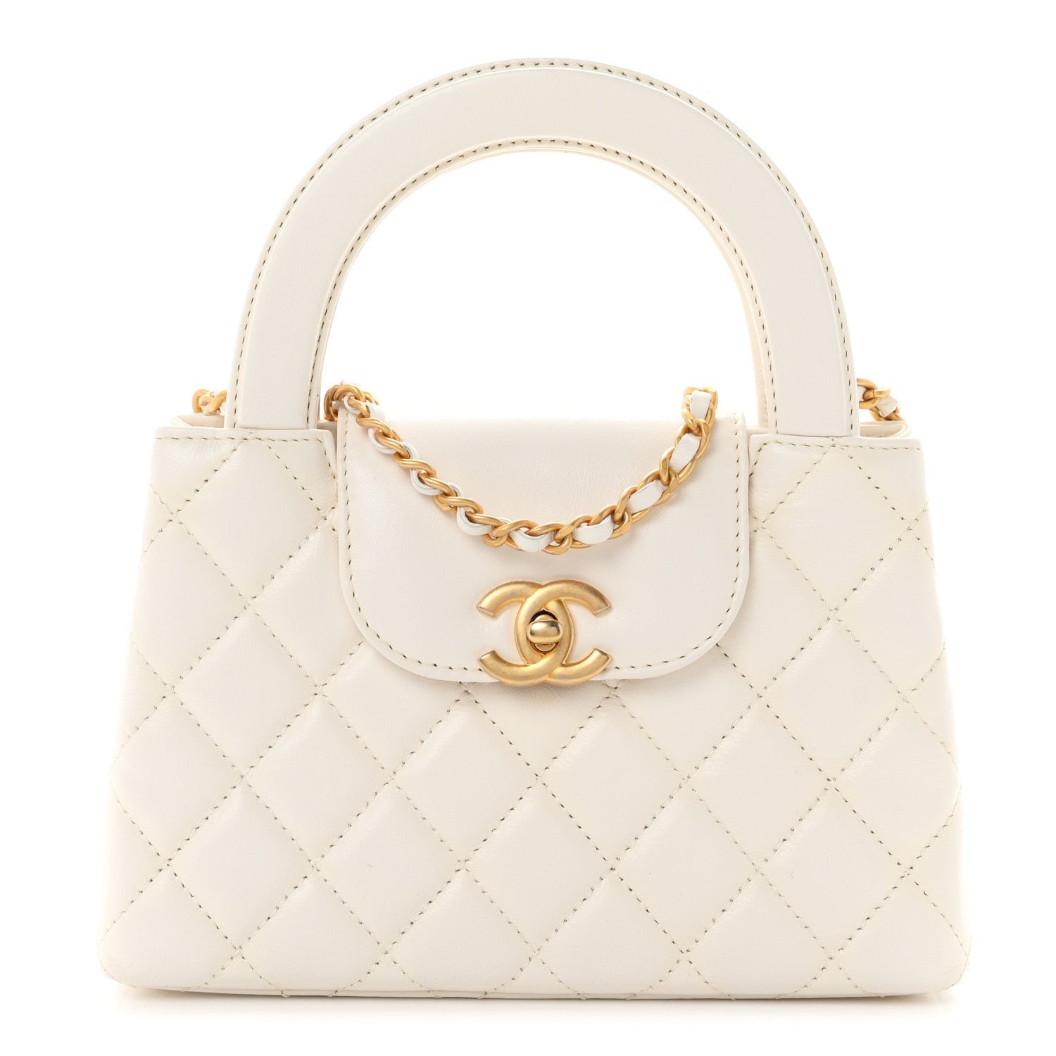 Chanel Shiny Aged Calfskin Quilted Nano Kelly Shopper White
