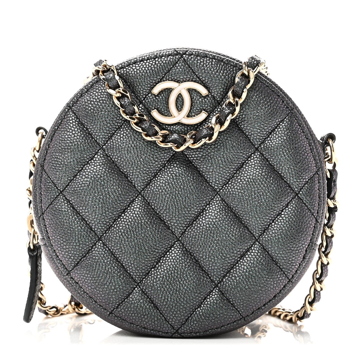 Chanel Iridescent Caviar Quilted Round Clutch With Chain Black
