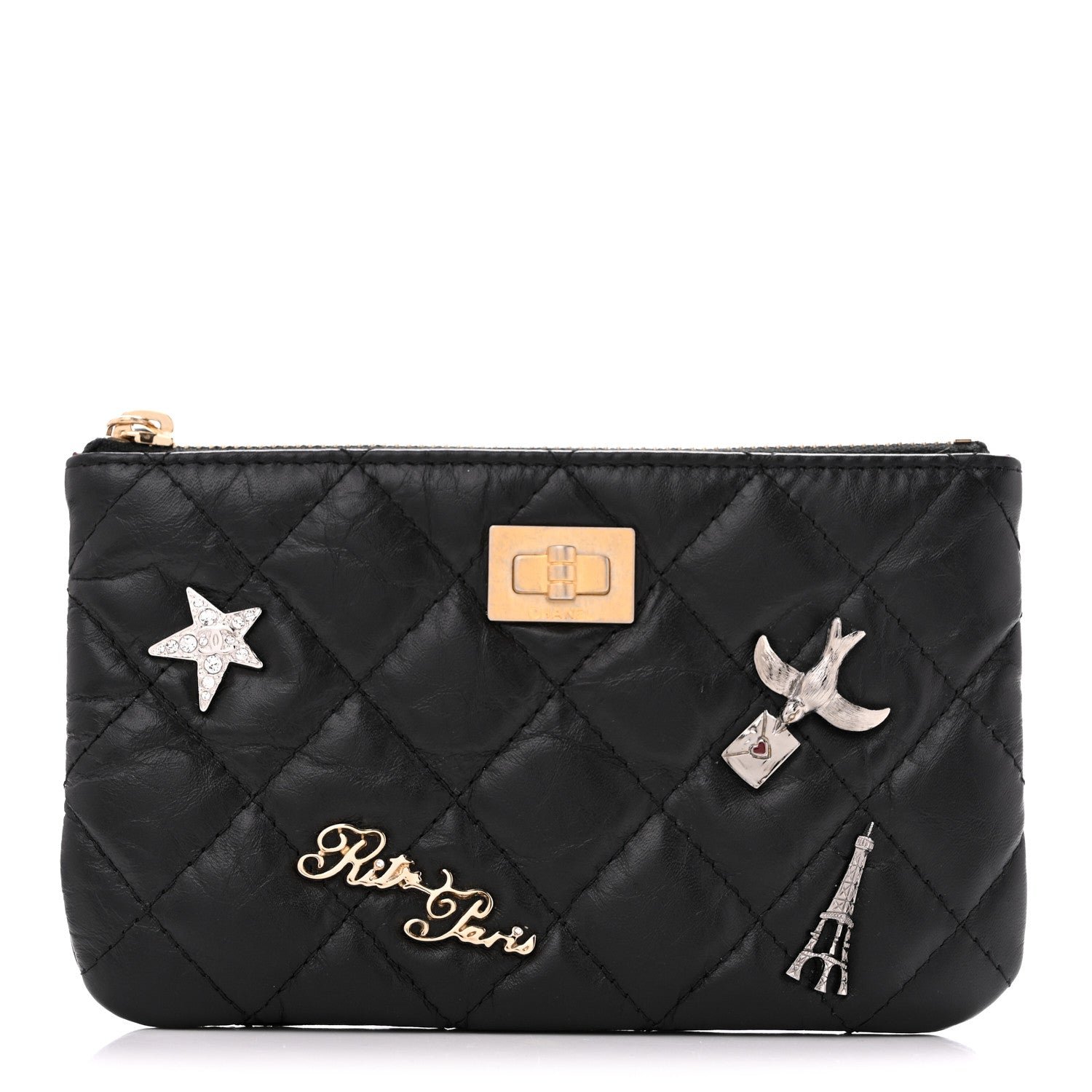 Chanel Aged Calfskin Quilted Small Lucky Charms Cosmetic Case Black
