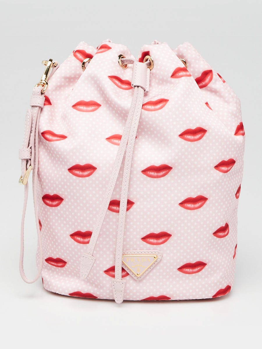 Prada Pink Tessuto Re-Nylon Lips Printed Mini Bucket Bag
