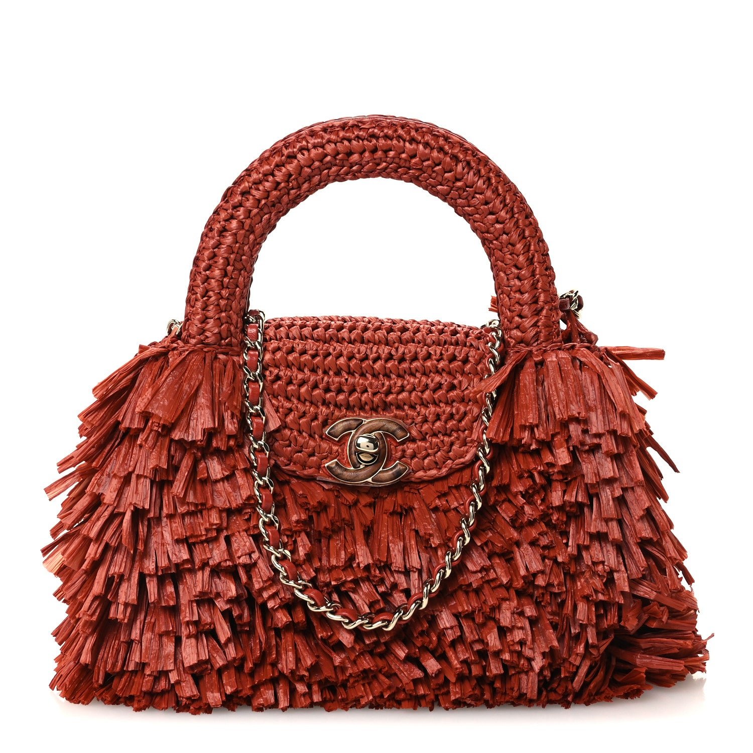 Chanel Raffia Fringe Nano Kelly Shopper Red