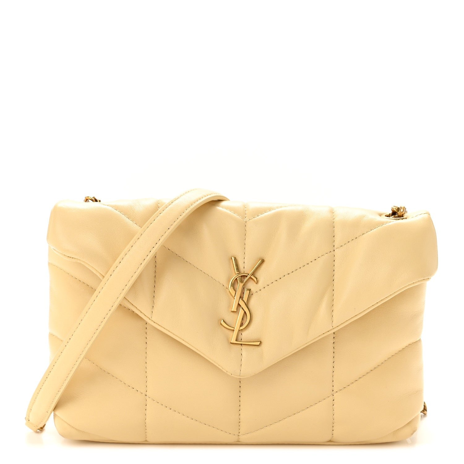 Saint Laurent Lambskin Quilted Toy Loulou Puffer Monogram Chain Satchel Jaune Pale