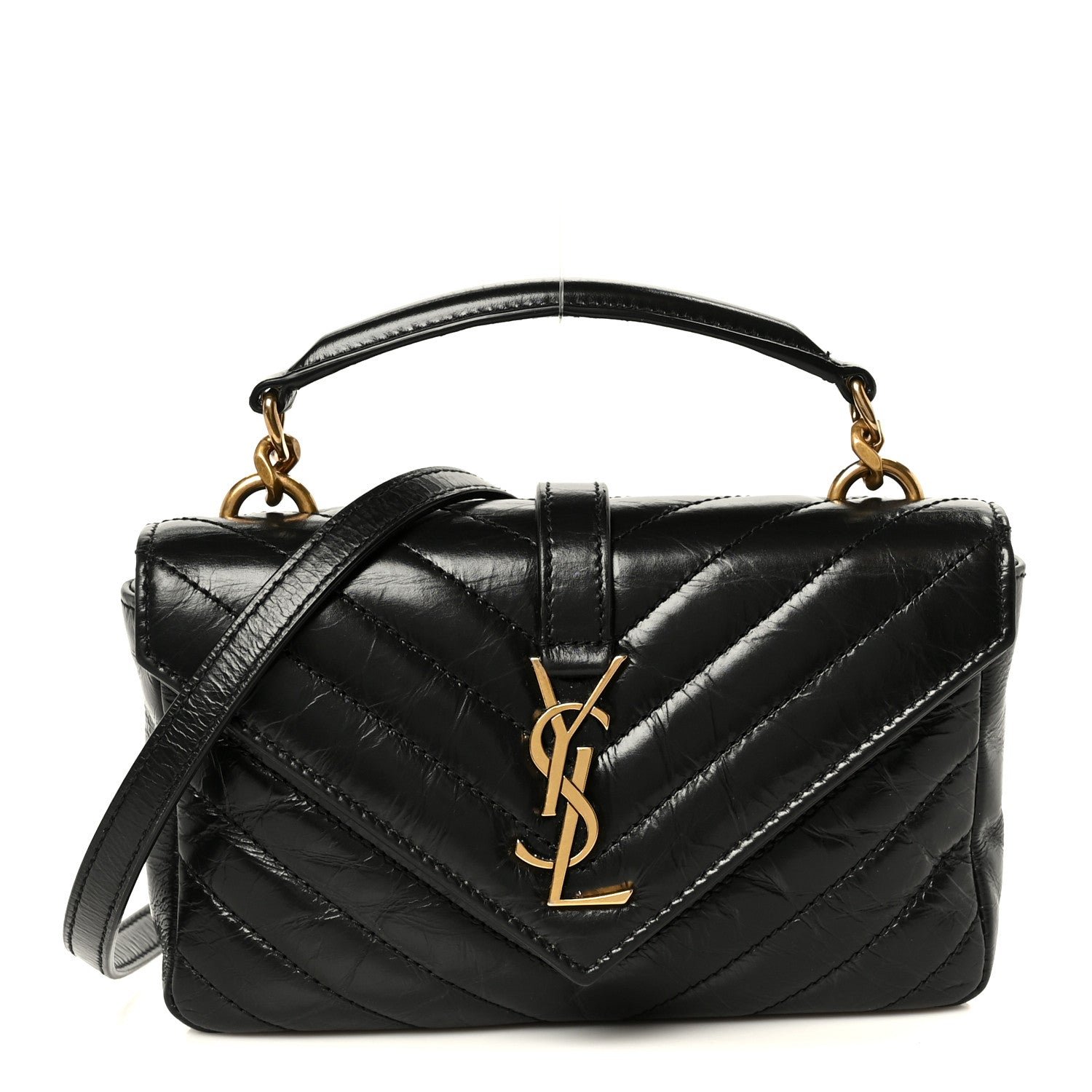 Saint Laurent Saint Laurent Shiny Calfskin Matelasse Chevron Monogram Mini College Bag Black