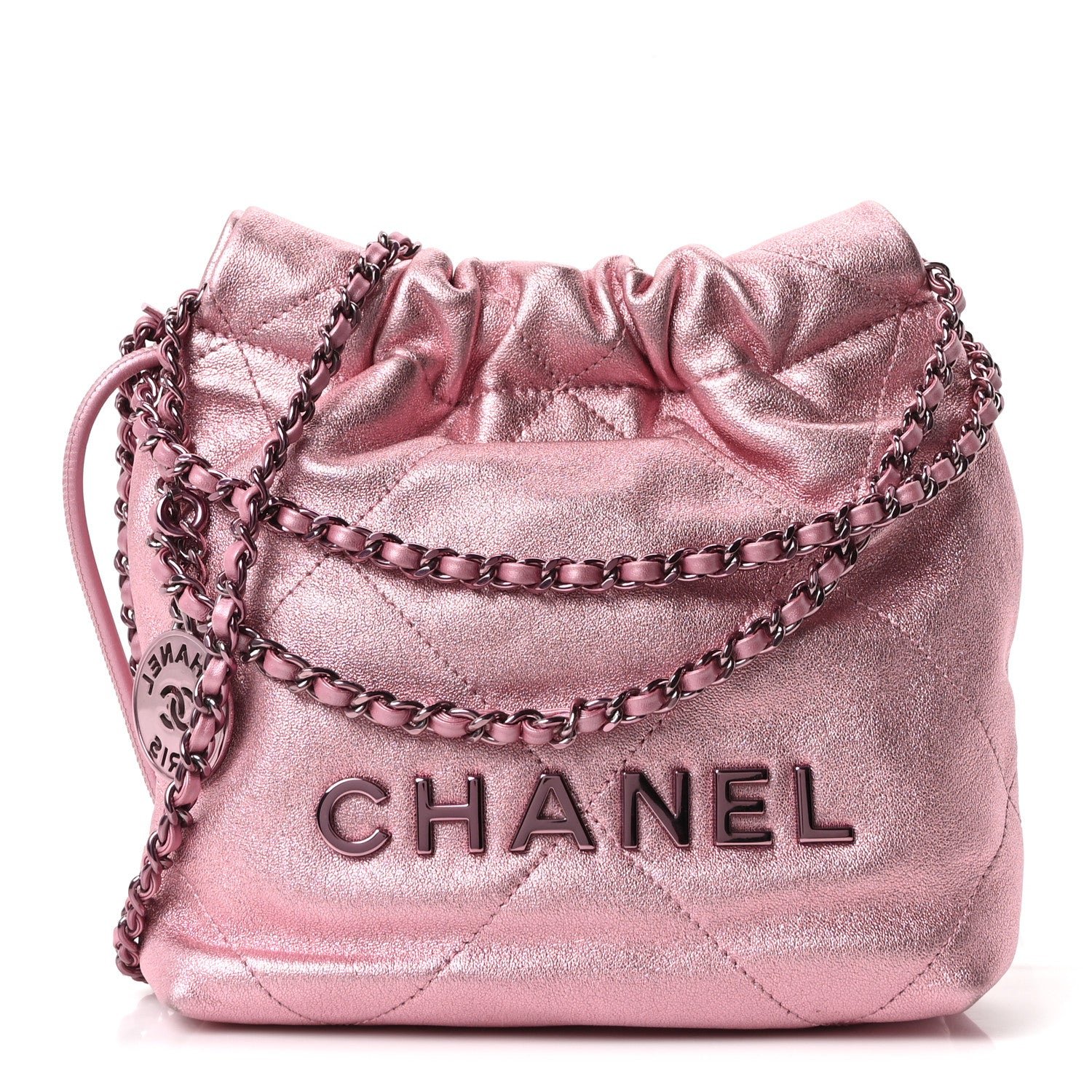 Chanel Metallic Lambskin Lacquered Monochrome Quilted Mini Chanel 22 Pink