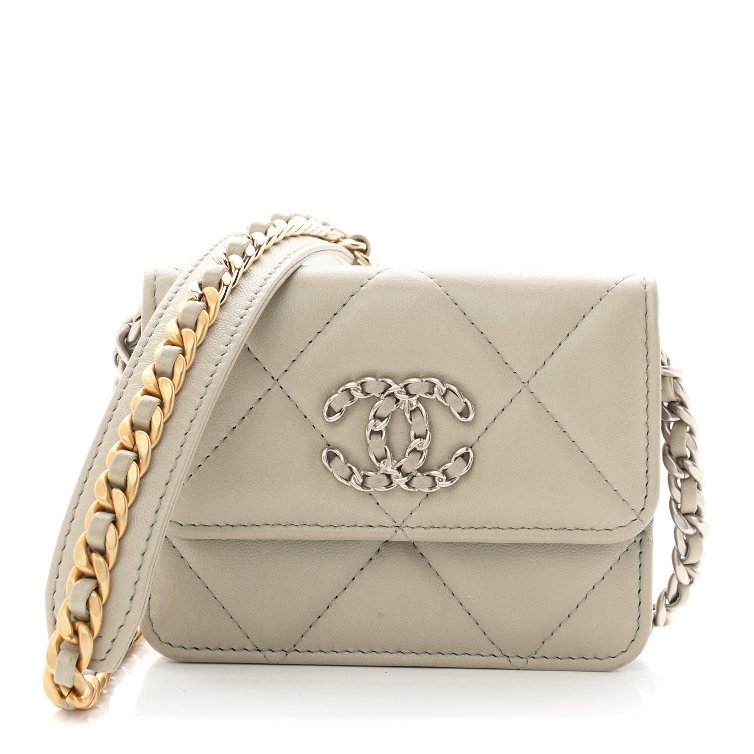 Chanel Lambskin Quilted Chanel 19 Flap Coin Purse With Chain Grey