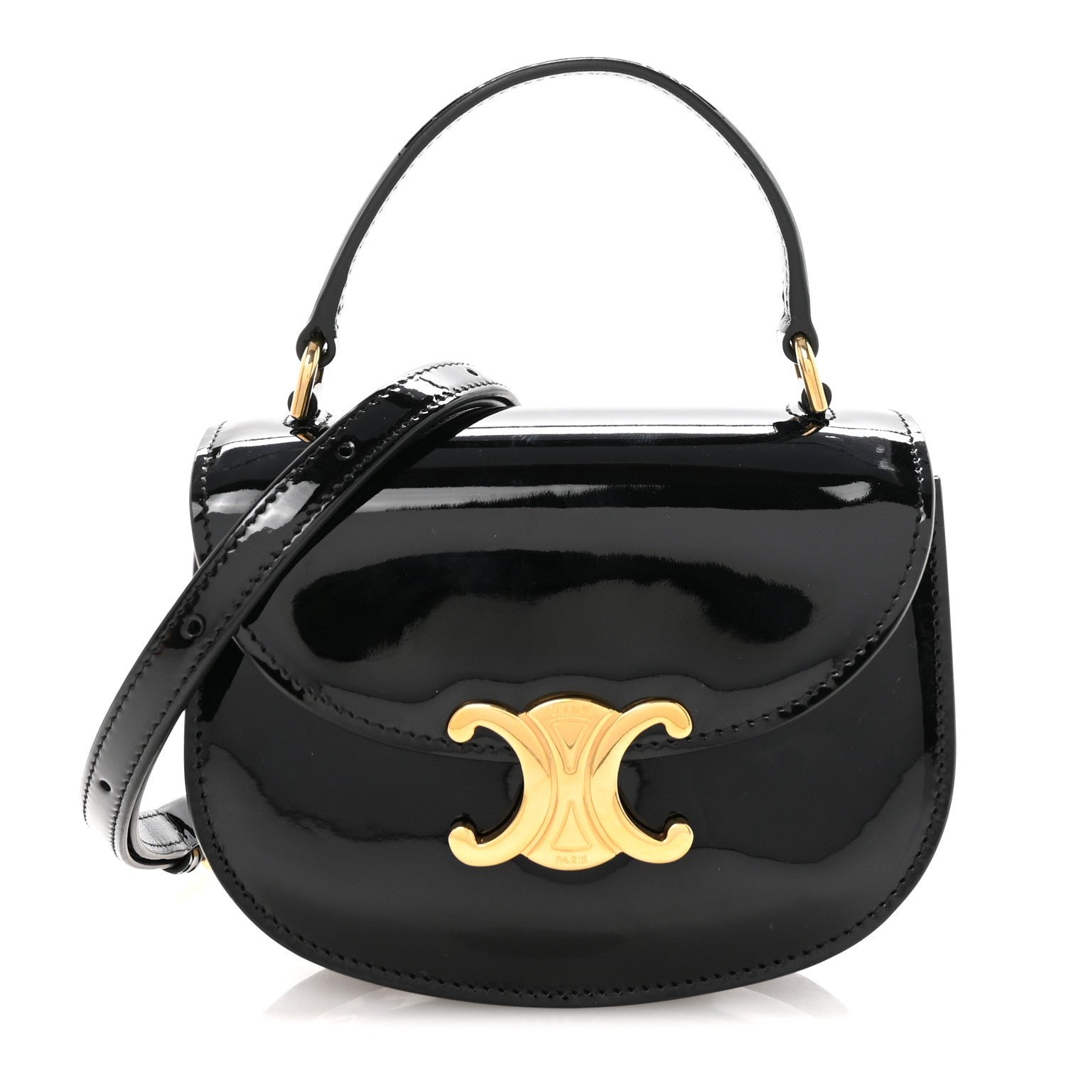 Celine Celine Patent Calfskin Triomphe Mini Besace Clea Black