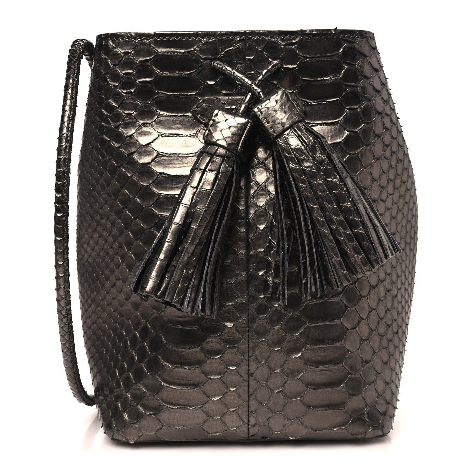 Tom Ford Metallic Snakeskin Small Double Tassel Bucket Bag Silver