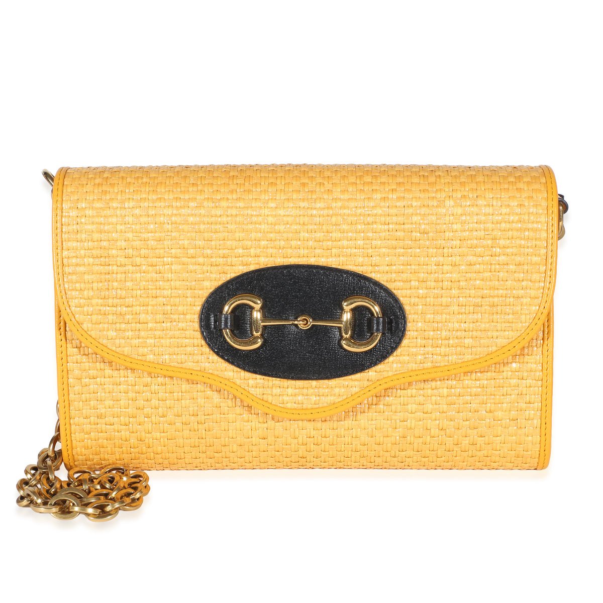 Yellow Raffia Azalea Calfskin Small Horsebit 1955 Chain Shoulder Bag
