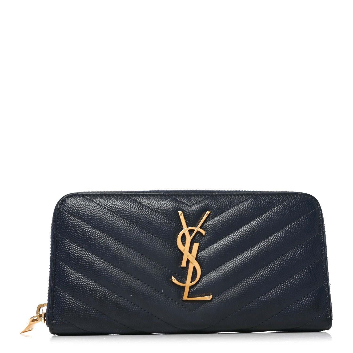 Saint Laurent Grain De Poudre Matelasse Chevron Monogram Zip Around Wallet Deep Marine