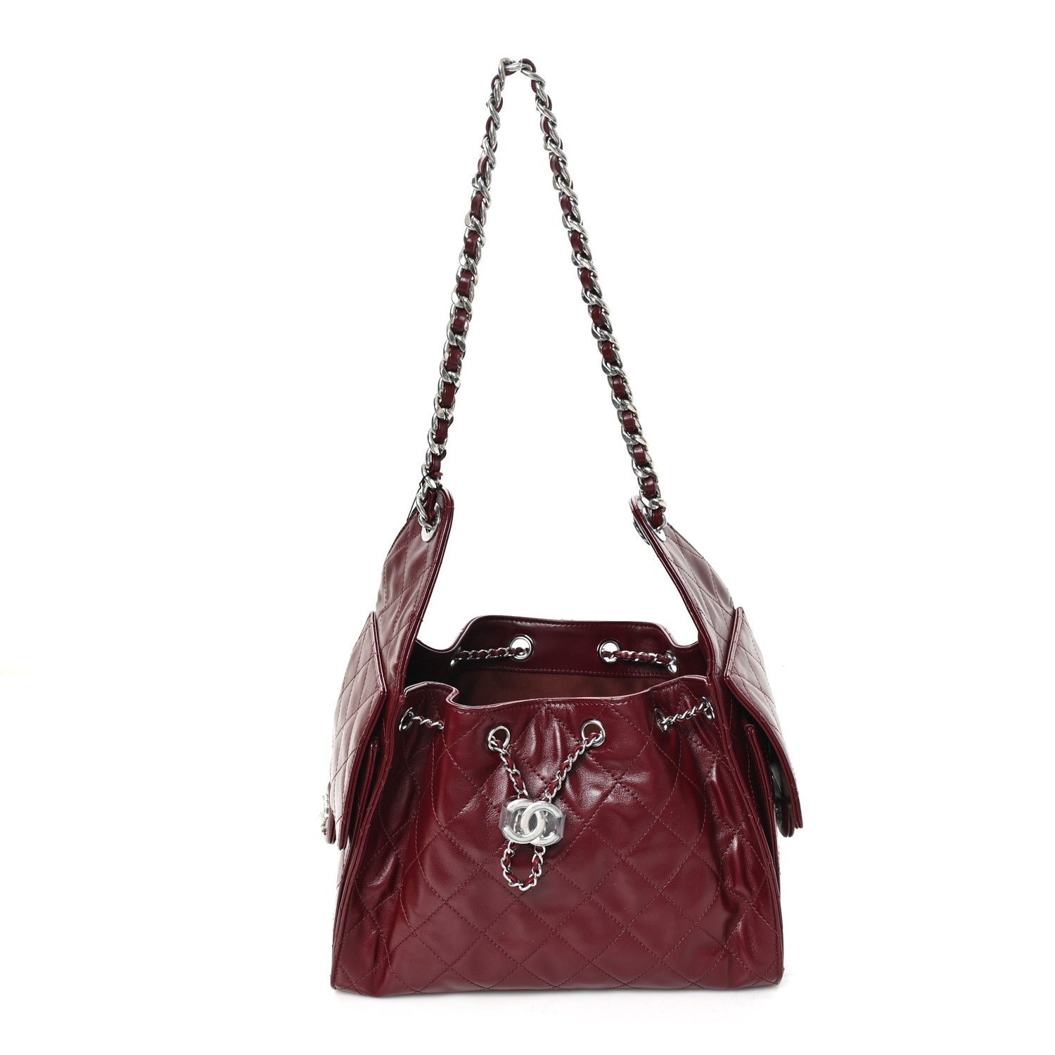 Chanel Shiny Crumpled Calfskin Quilted Small Chanel 25 Handbag Burgundy