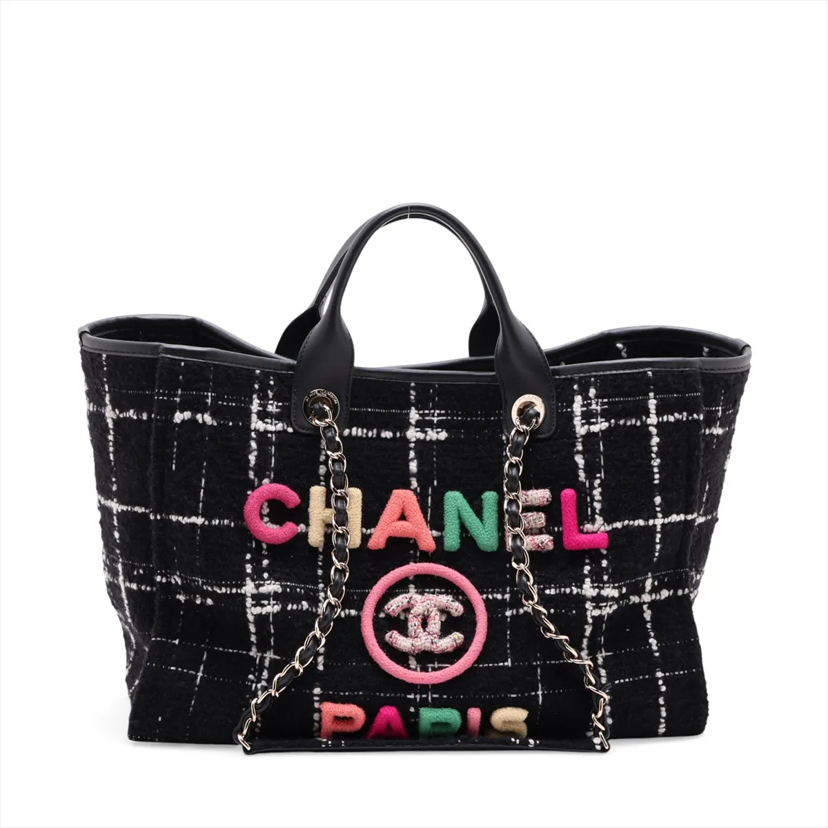 Chanel Deauville GM Tweed x Leather 2 Way Tote Bag Black Gold Metal Fittings ran