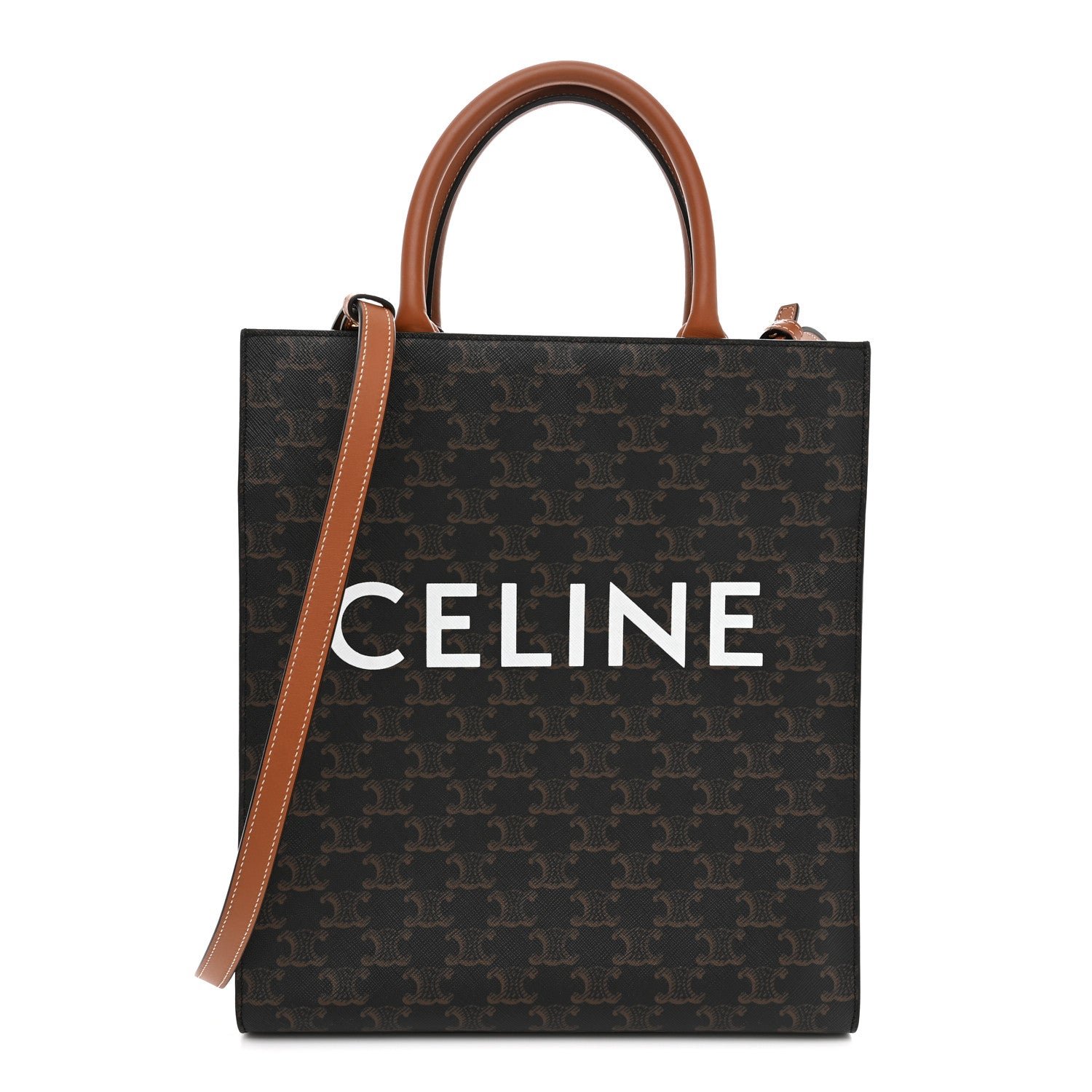 Celine Triomphe Canvas Calfskin Small Vertical Cabas Tan