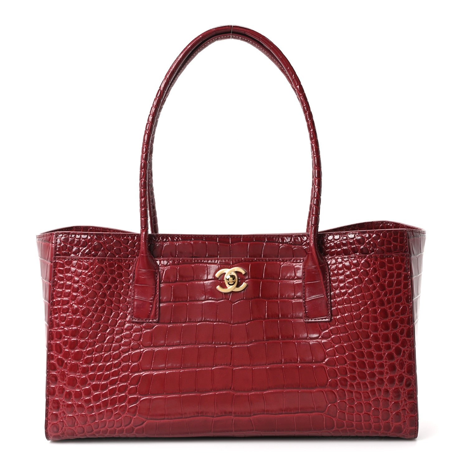 Chanel Calfskin Crocodile Embossed Archetype Small Shopper Tote Burgundy