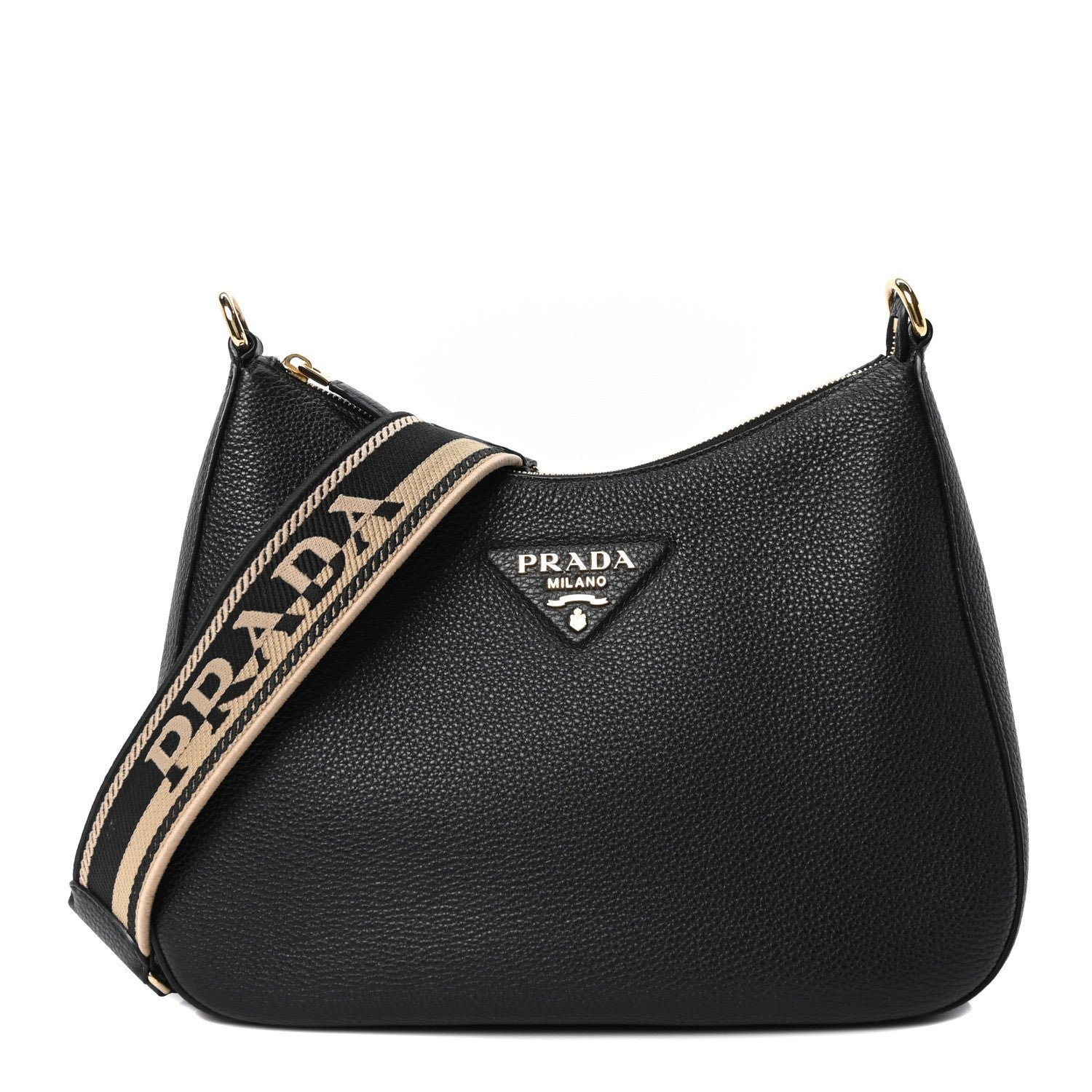 Prada Vitello Daino Soft Zippered Hobo Shoulder Bag Black