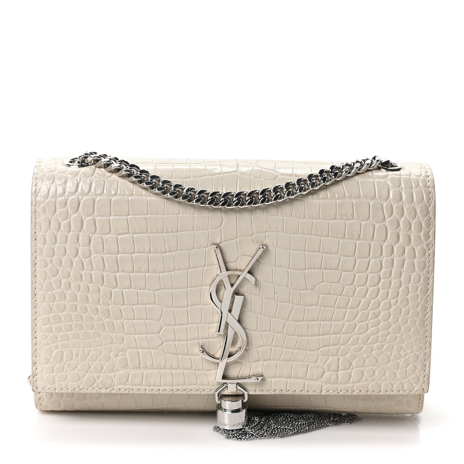 Saint Laurent Calfskin Crocodile Embossed Small Classic Monogram Kate Tassel Satchel Blanc Vintage