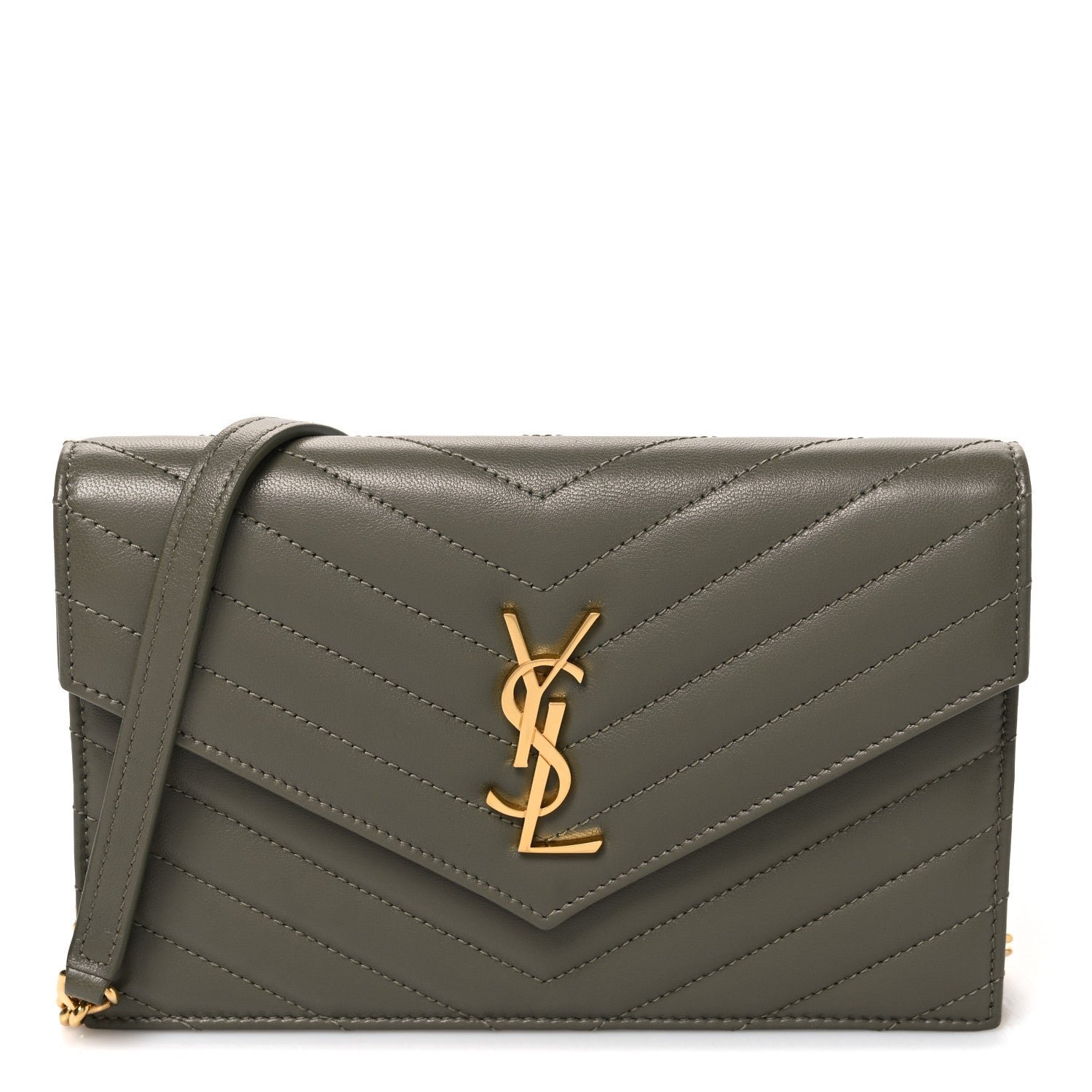Saint Laurent Lambskin Matelasse Chevron Monogram Envelope Chain Wallet  Green