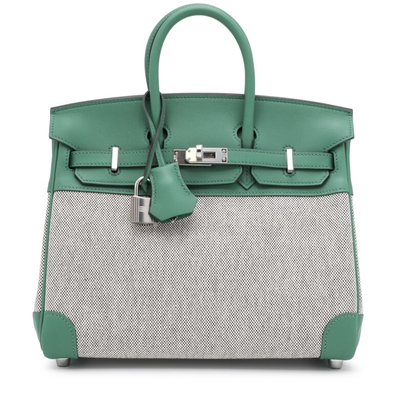 Hermes Vert Vertigo Swift and Ecru and Black Toile Verso Quadrille Birkin 25 Palladium Hardware, 2024