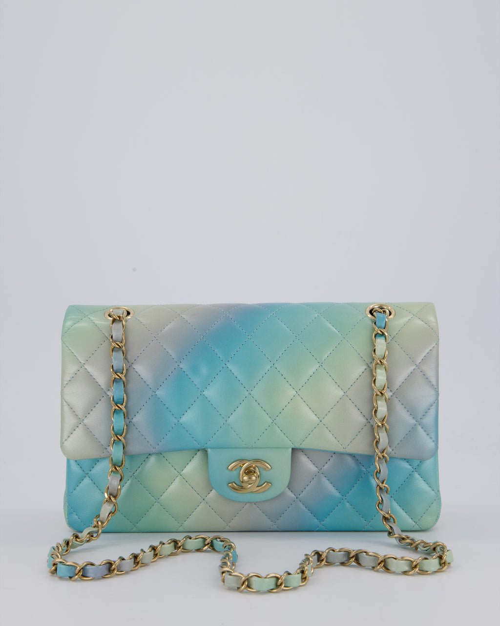*RARE* Chanel Blue, Yellow and Pink Iridescent Ombre Classic Medium Double Flap Bag in Lambskin with Champagne Gold hardware