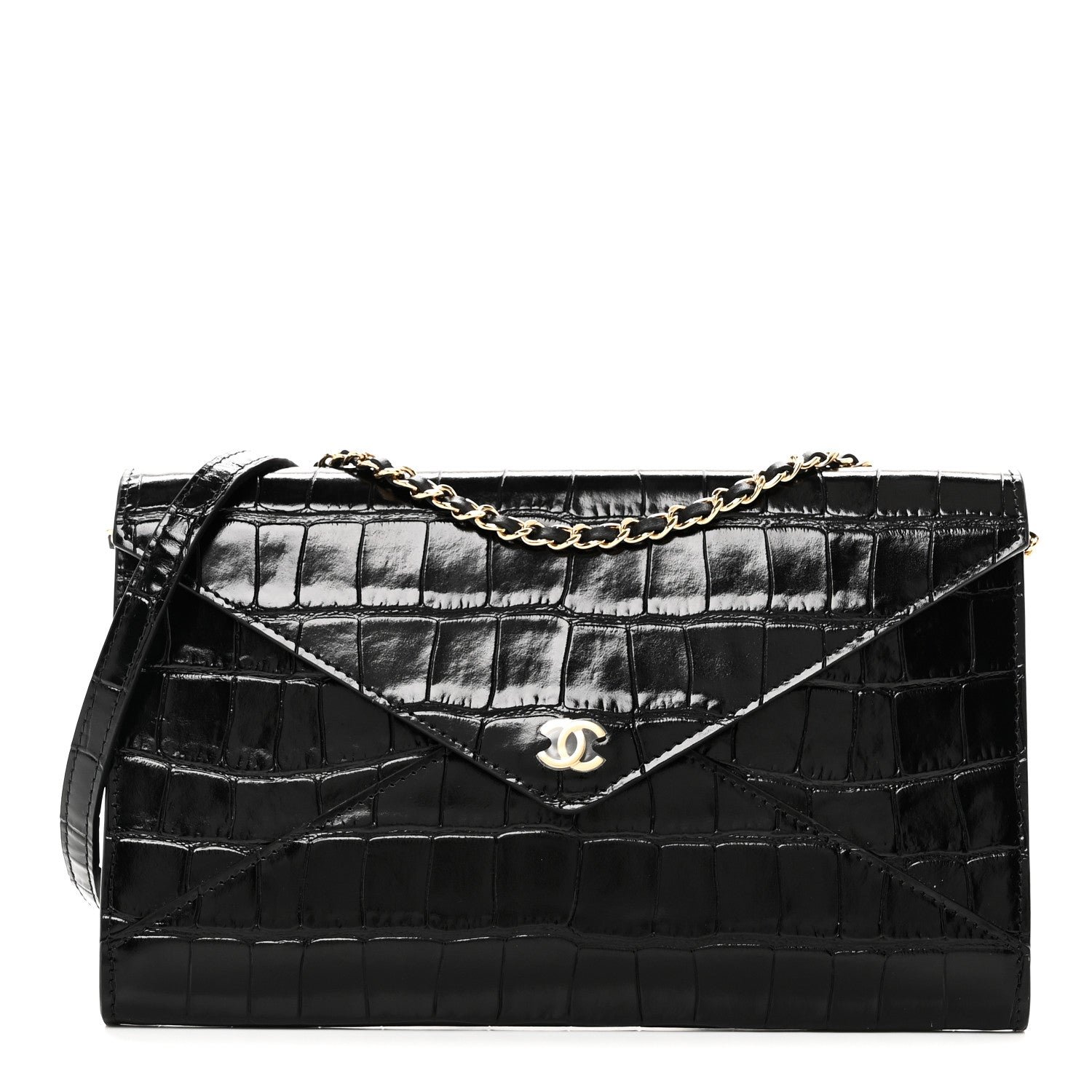 Chanel Calfskin Crocodile Embossed Envelope Clutch With Strap Black