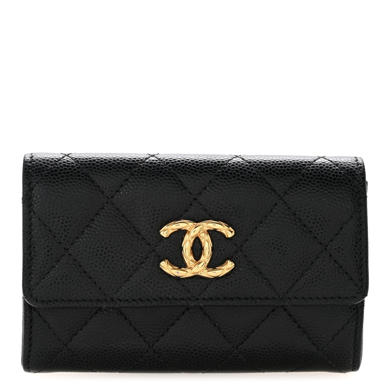 Chanel Caviar Quilted Chain CC Quilted Compact Flap Card Holder Black