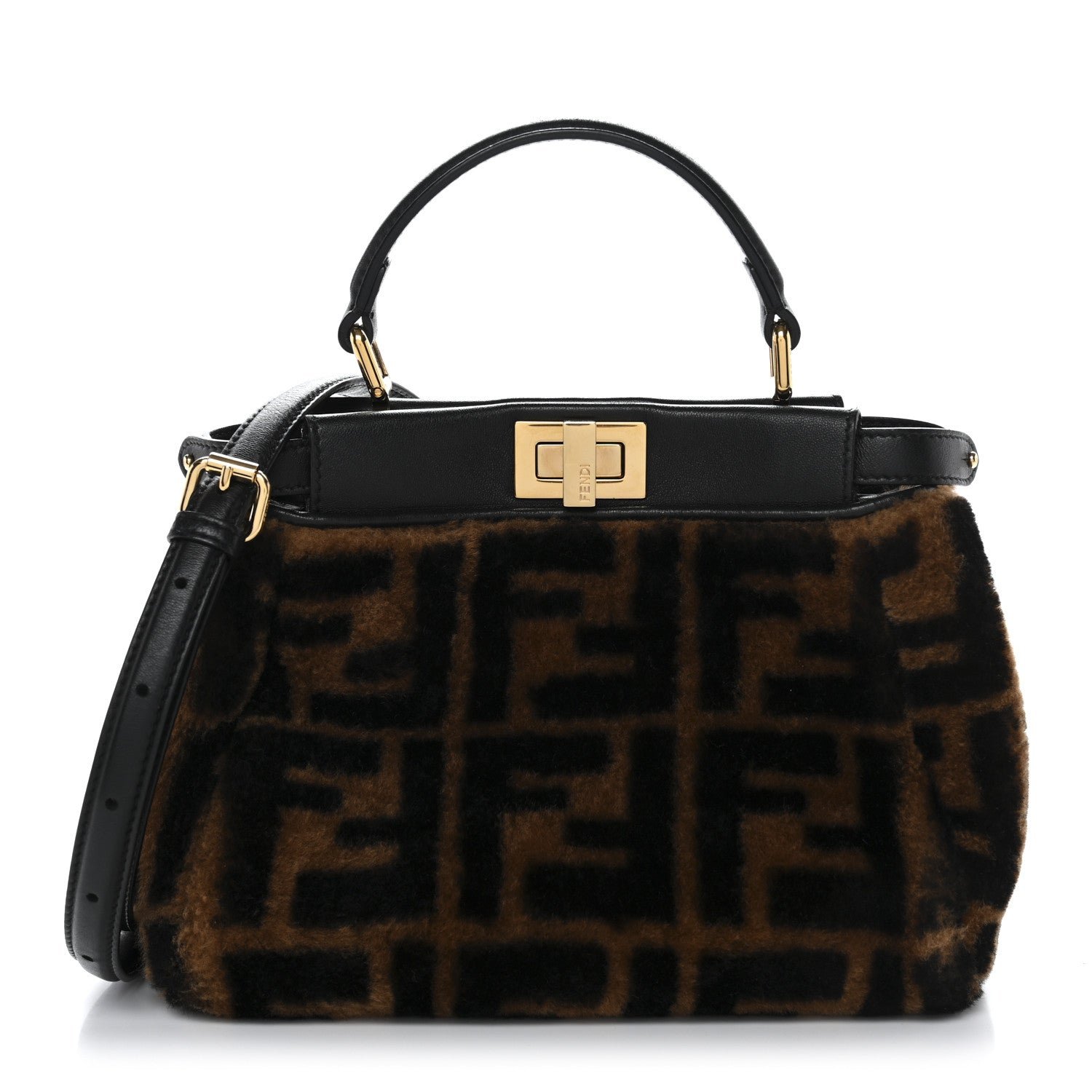 Fendi Shearling Nappa Macro FF 1974 Mini Peekaboo Iconic Satchel Tobacco Black