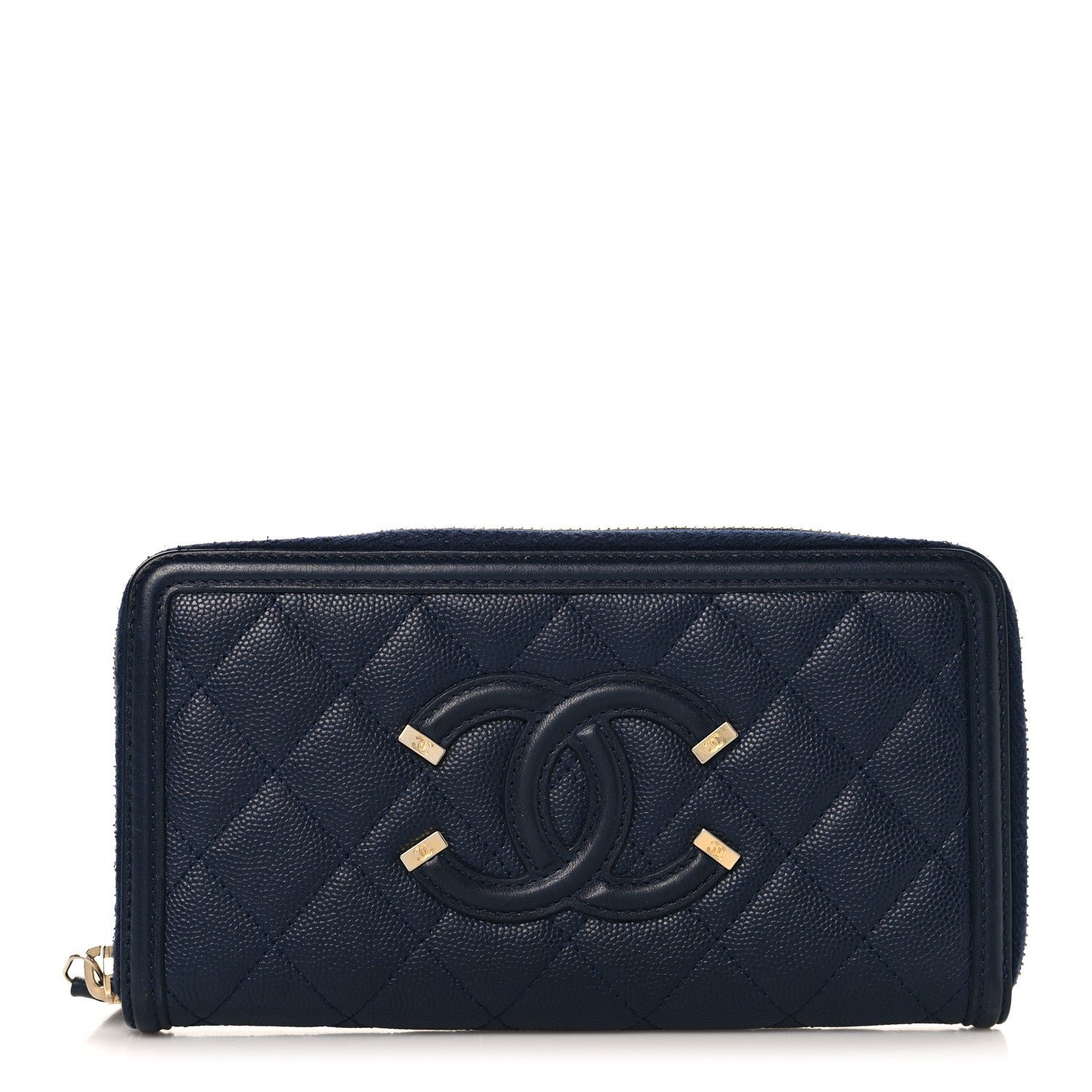 Chanel Caviar Quilted Filigree Zip Around Wallet Navy