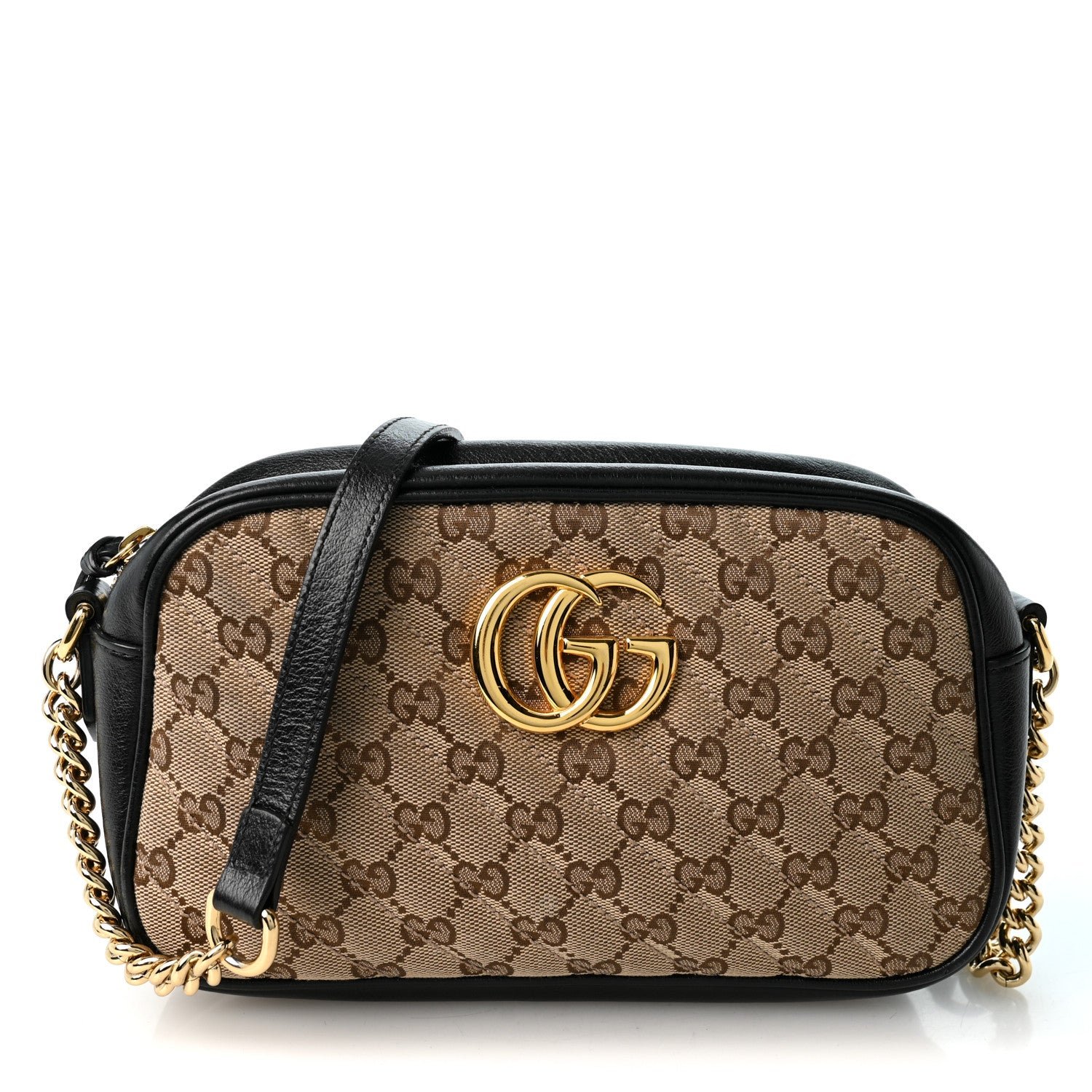 Gucci Monogram Matelasse Diagonal Small GG Marmont Chain Shoulder Bag Beige Black