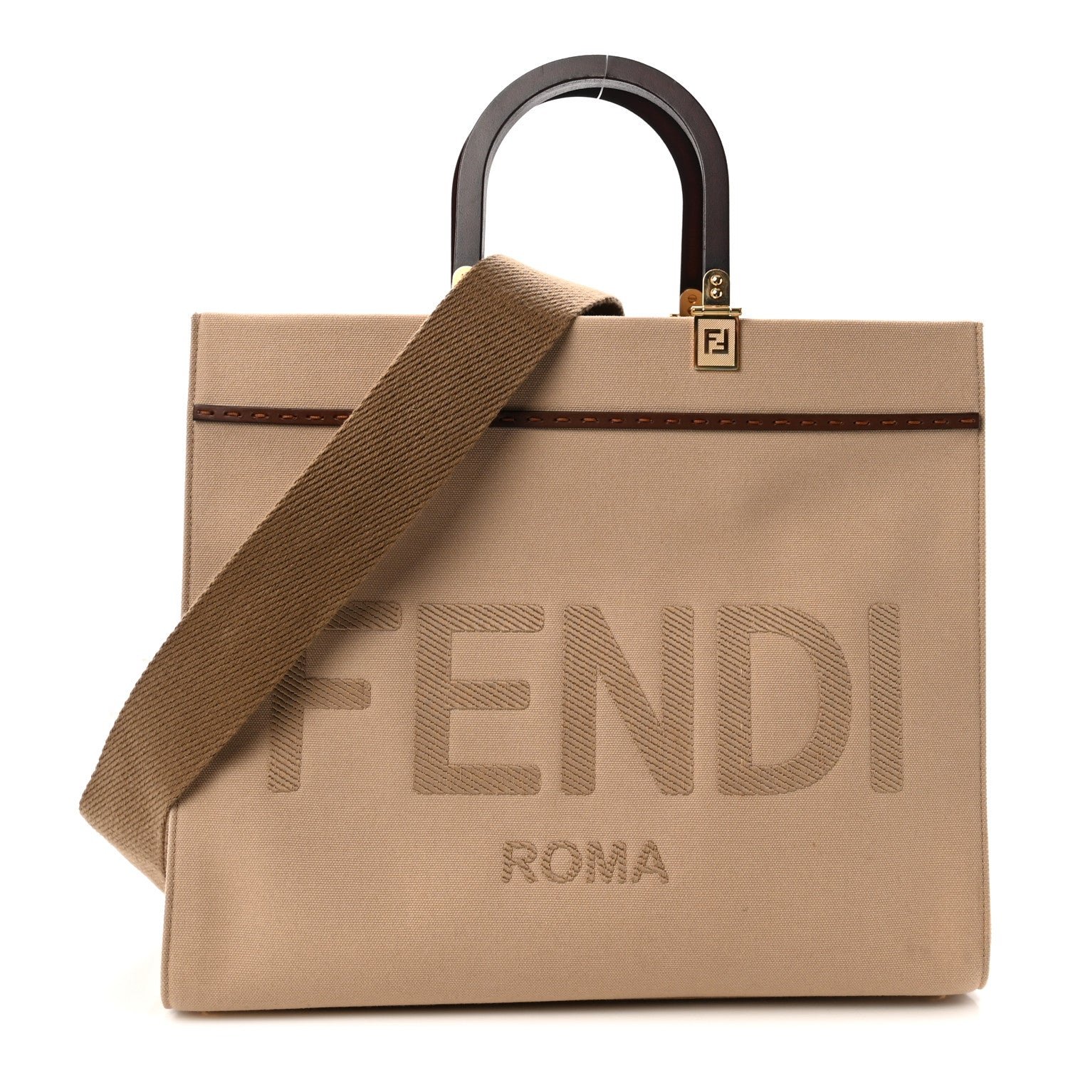 Fendi Canvas Vitello King Logo Embroidered Medium Fendi Sunshine Shopper Tote Sand Ghianda