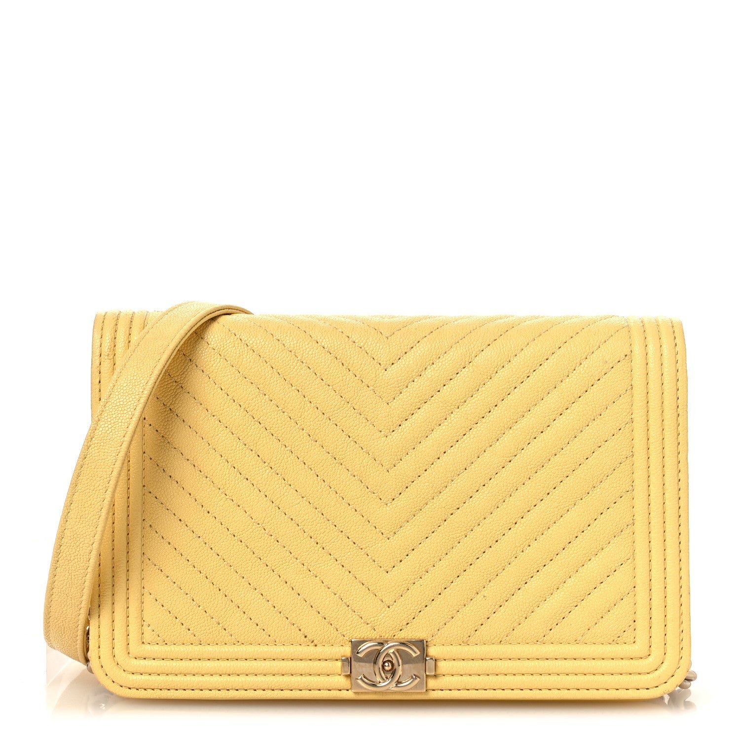 Chanel Caviar Chevron Quilted Boy Wallet On Chain WOC Yellow