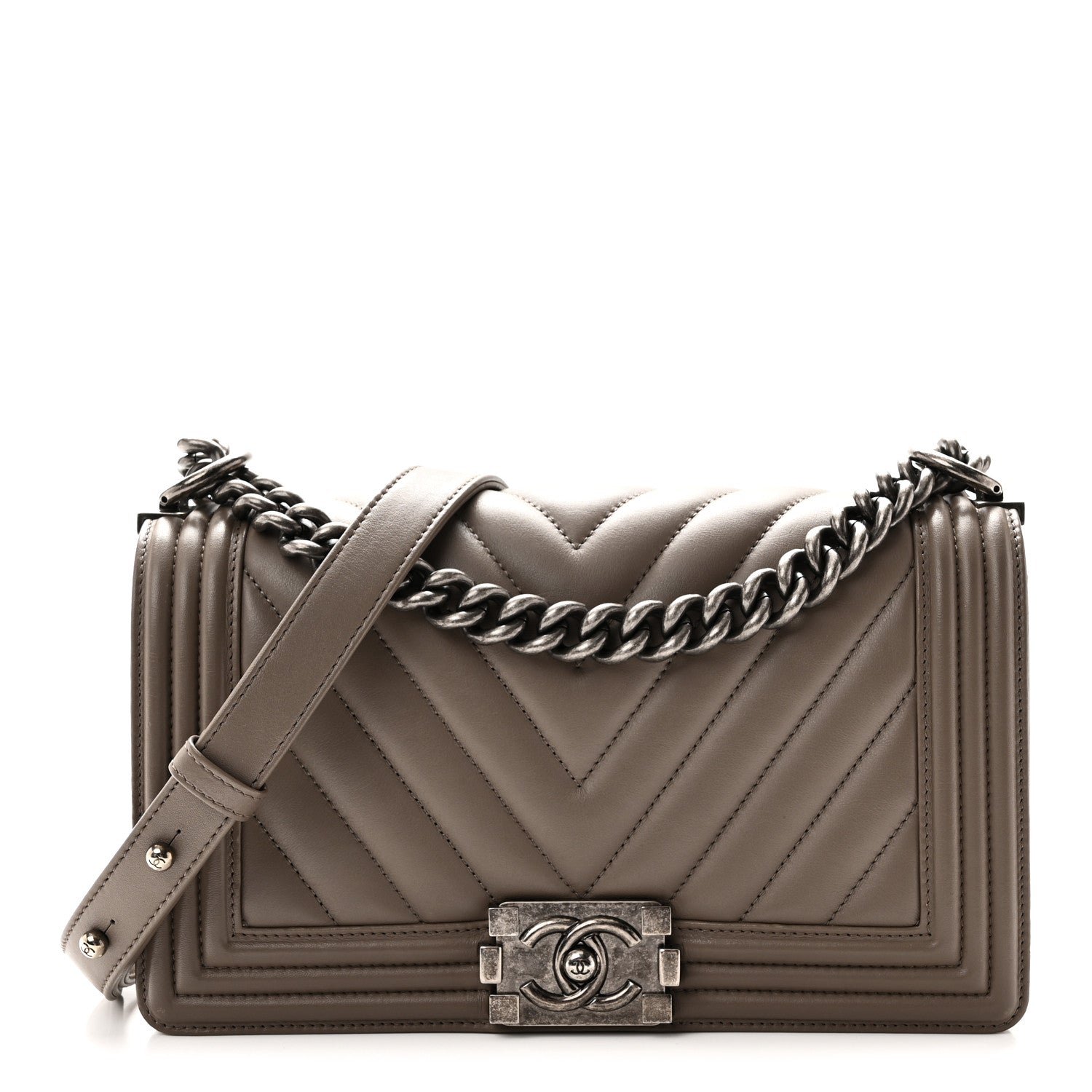 Chanel Calfskin Chevron Quilted Medium Boy Flap Grey