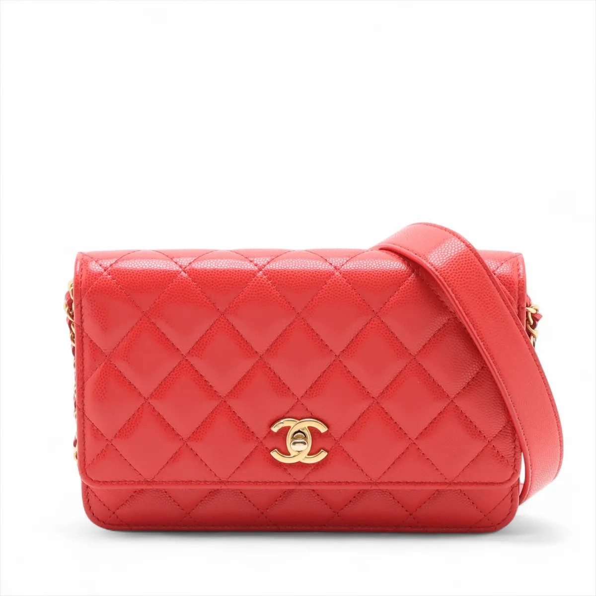 Chanel Matelasse Caviar Skin Chain Wallet Red Gold Metal Fittings random plate