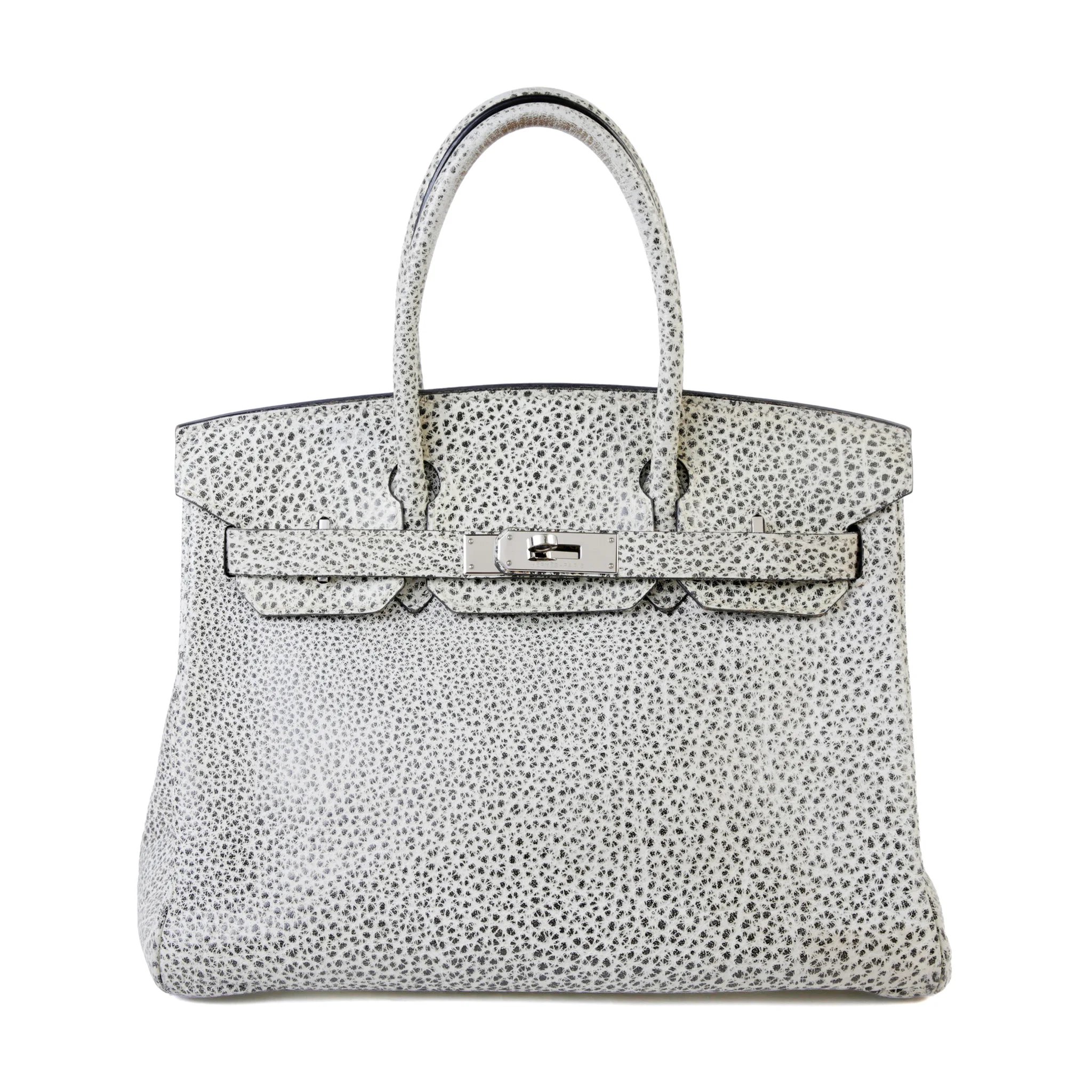 Good ( Rank AB) HERMÈS Limited Edition Birkin 30 Black White Dalmatien Buffalo Palladium hardware Square F (2002)